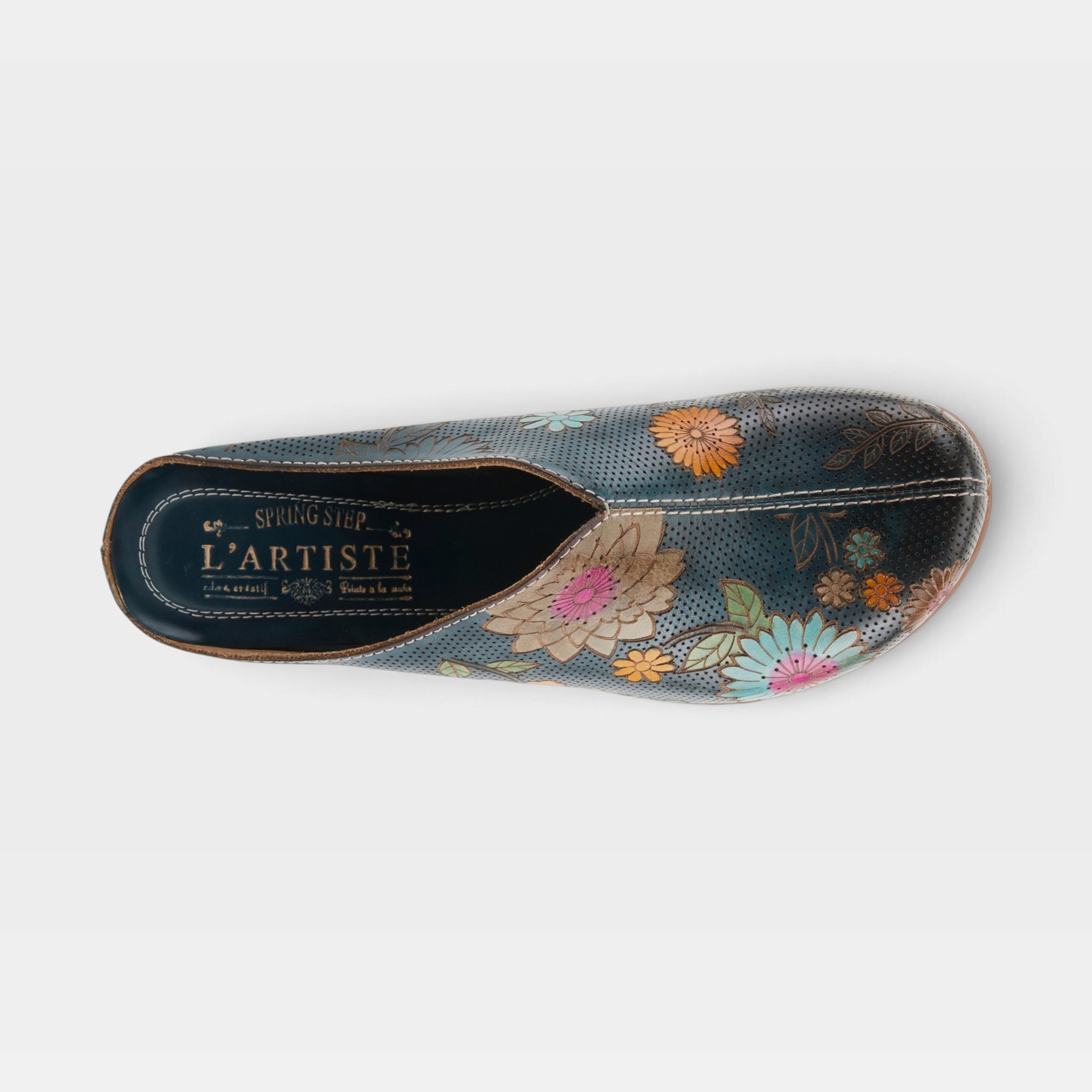 L'Artiste Chienti clogs in Navy Multi, top view