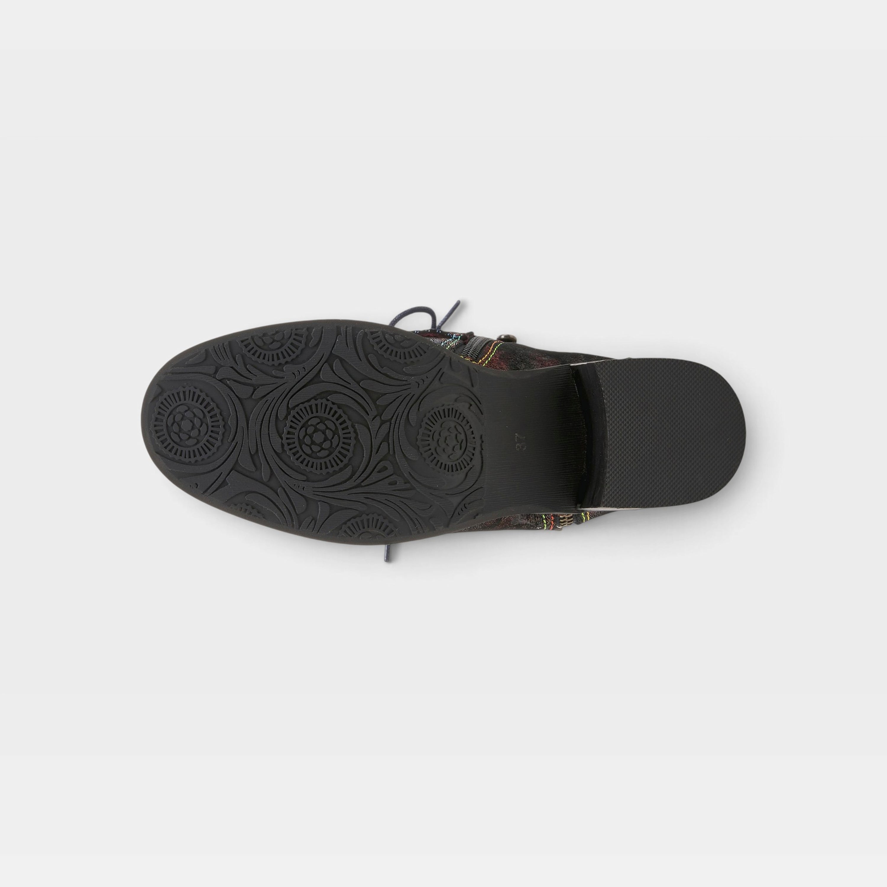 L'Artiste Chrissy booties in Navy Multi, outsole view