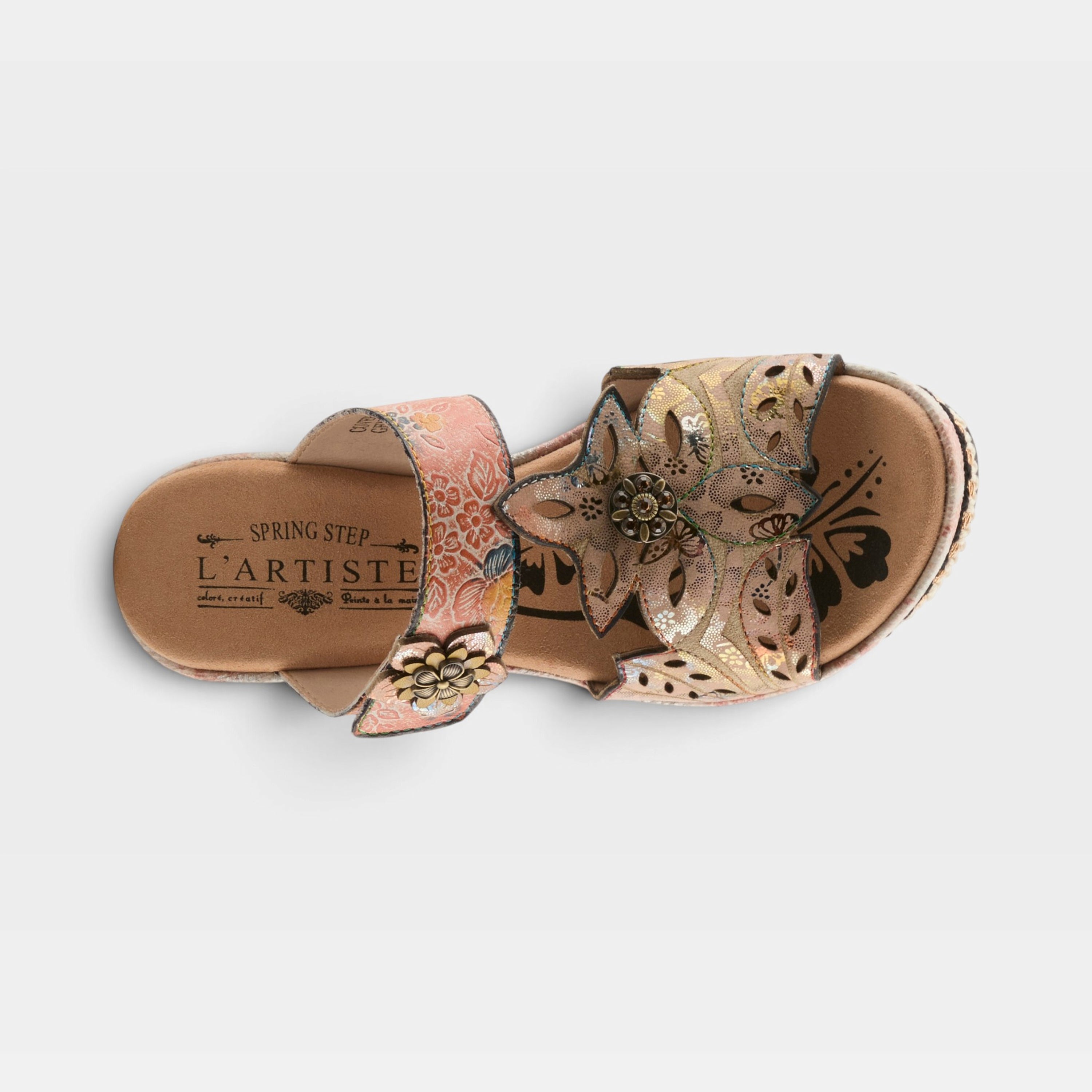 L'Artiste Coverup sandals in Peach, top view