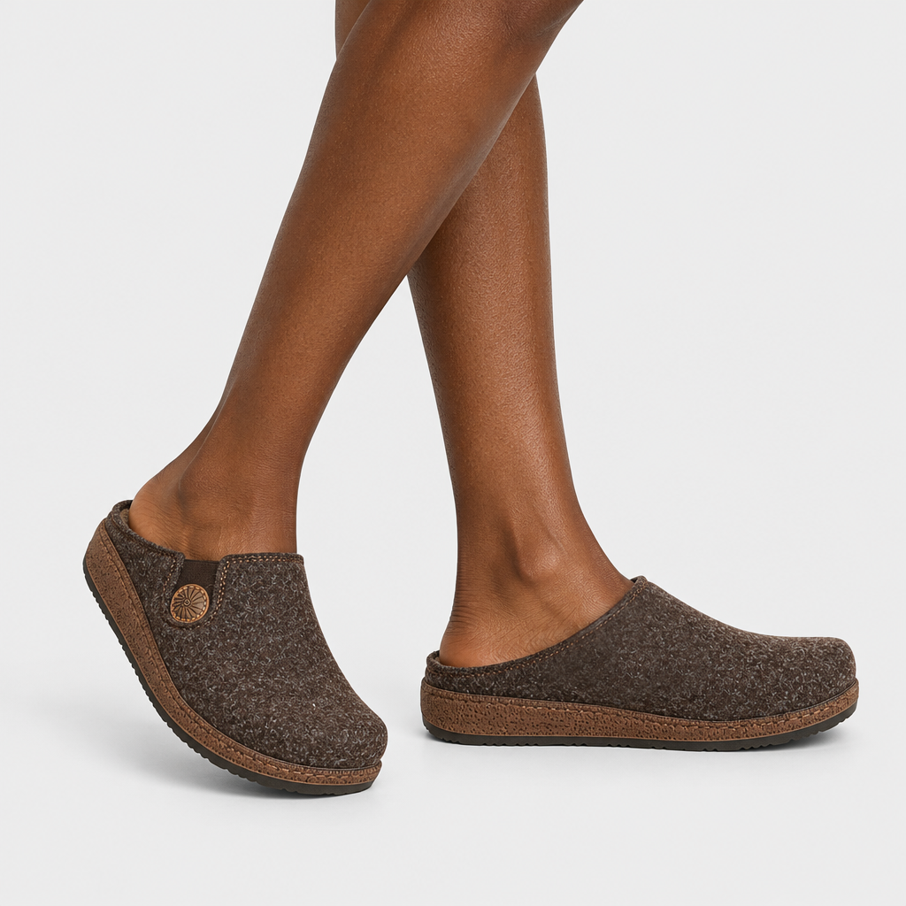 Flexus Cozily Dark Brown Slipper - on-foot view