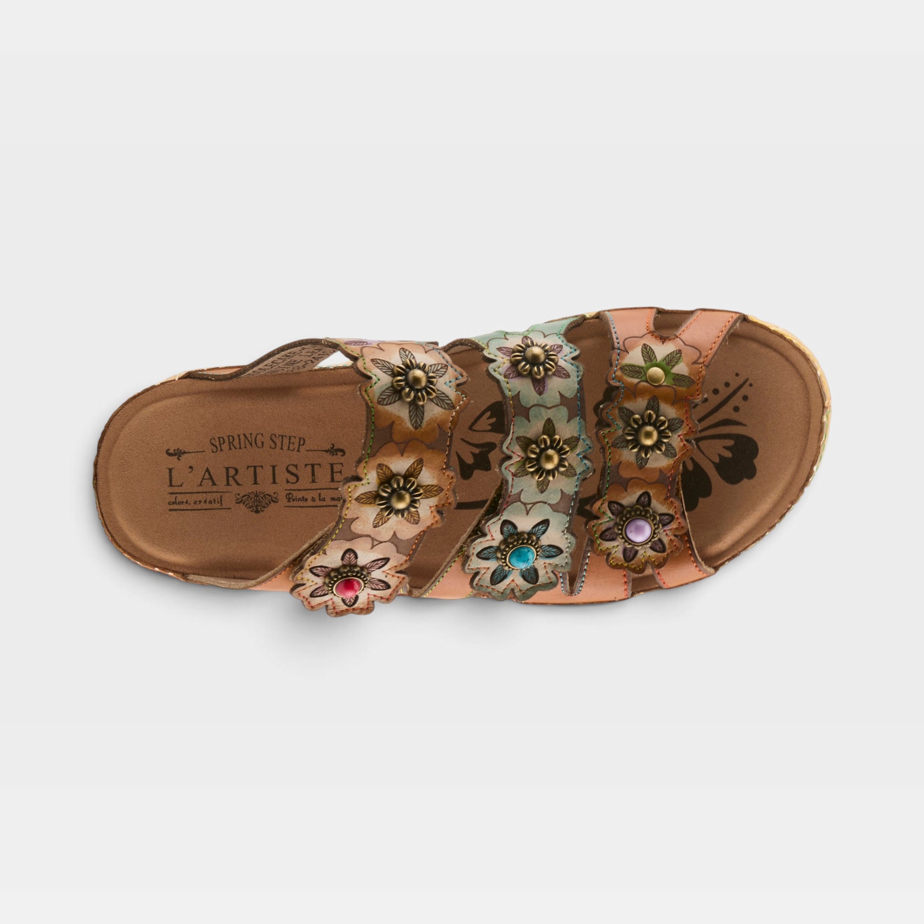 L'Artiste Cuddlecake sandals in Camel Multi, top view