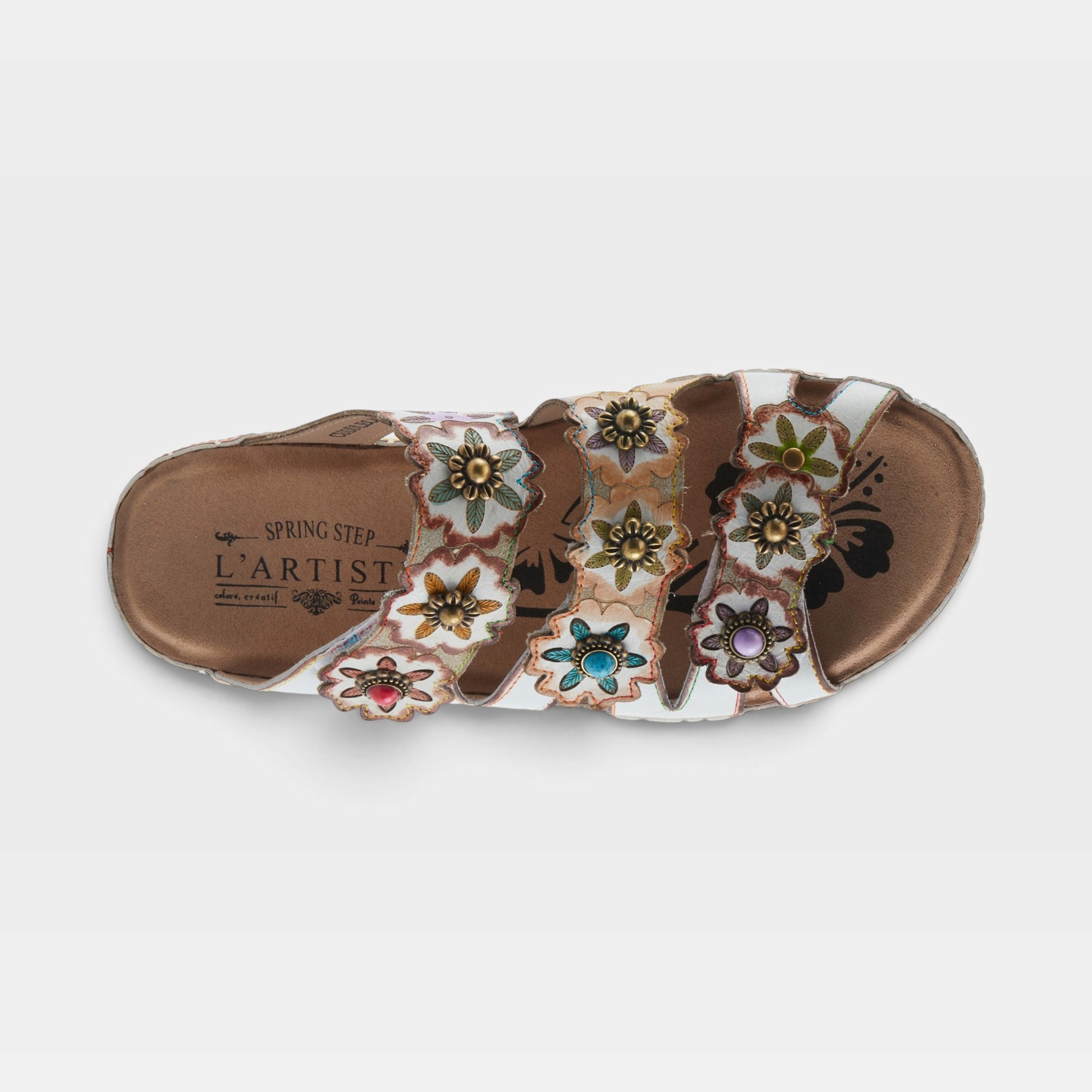 L'Artiste Cuddlecake sandals in White Multi, top view