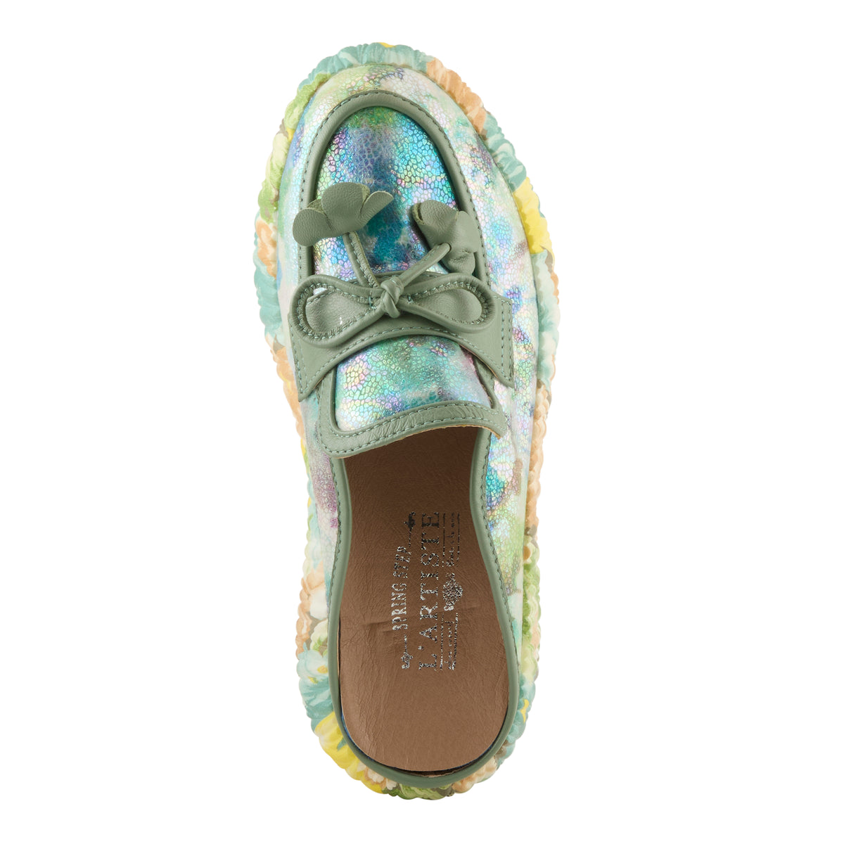 L'Artiste L'ARTISTE CUDDLES SHOES shoe in mint green multi with handcrafted leather design