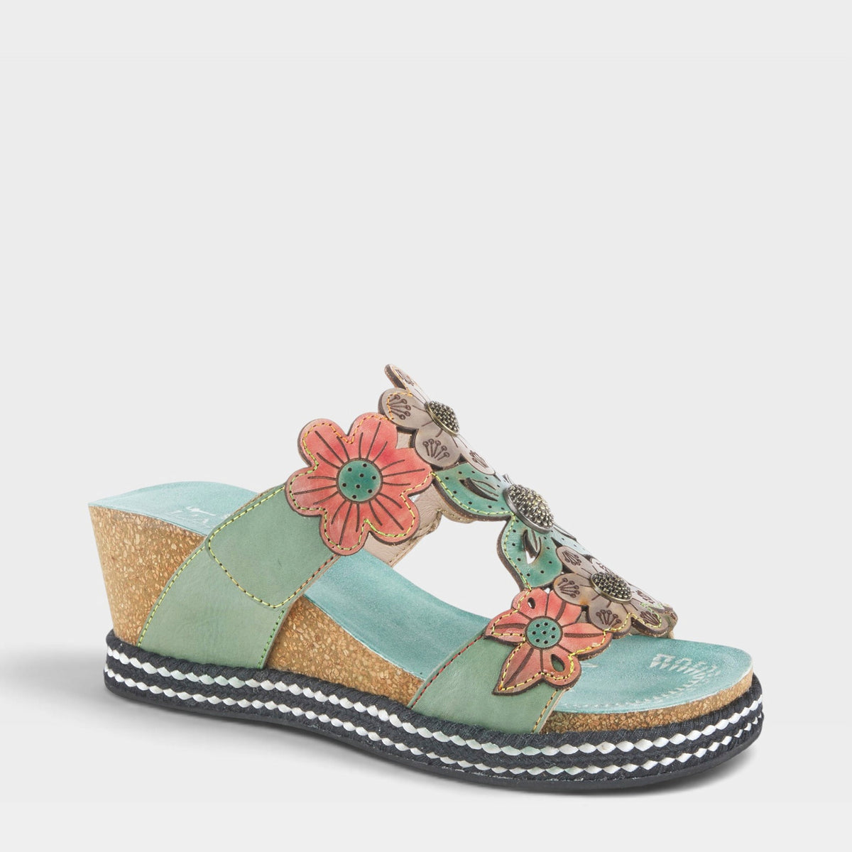 L'Artiste DAMOUR SLIDE SANDALS in MINT GREEN MULTI, front view