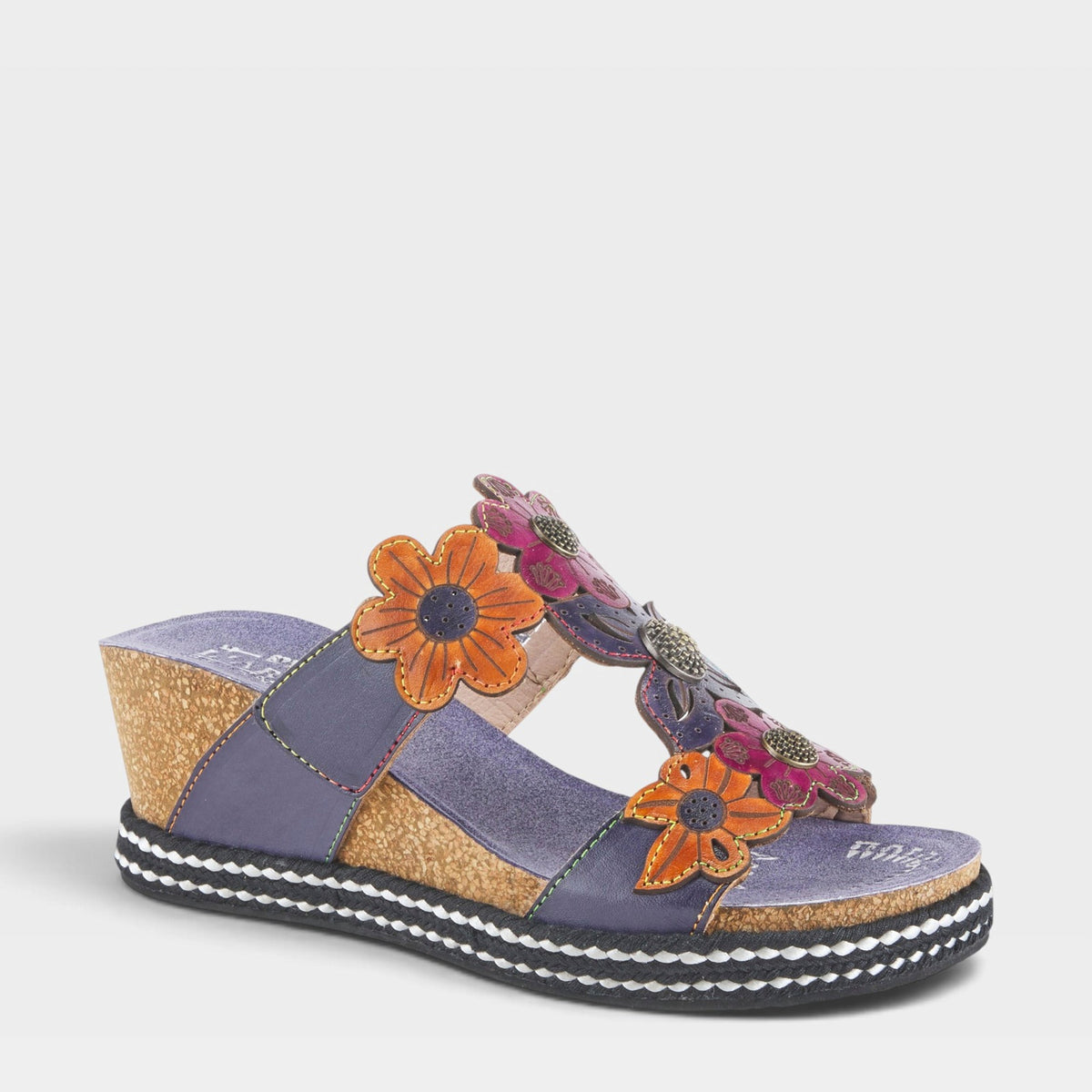 L'Artiste DAMOUR SLIDE SANDALS in NAVY MULTI, front view