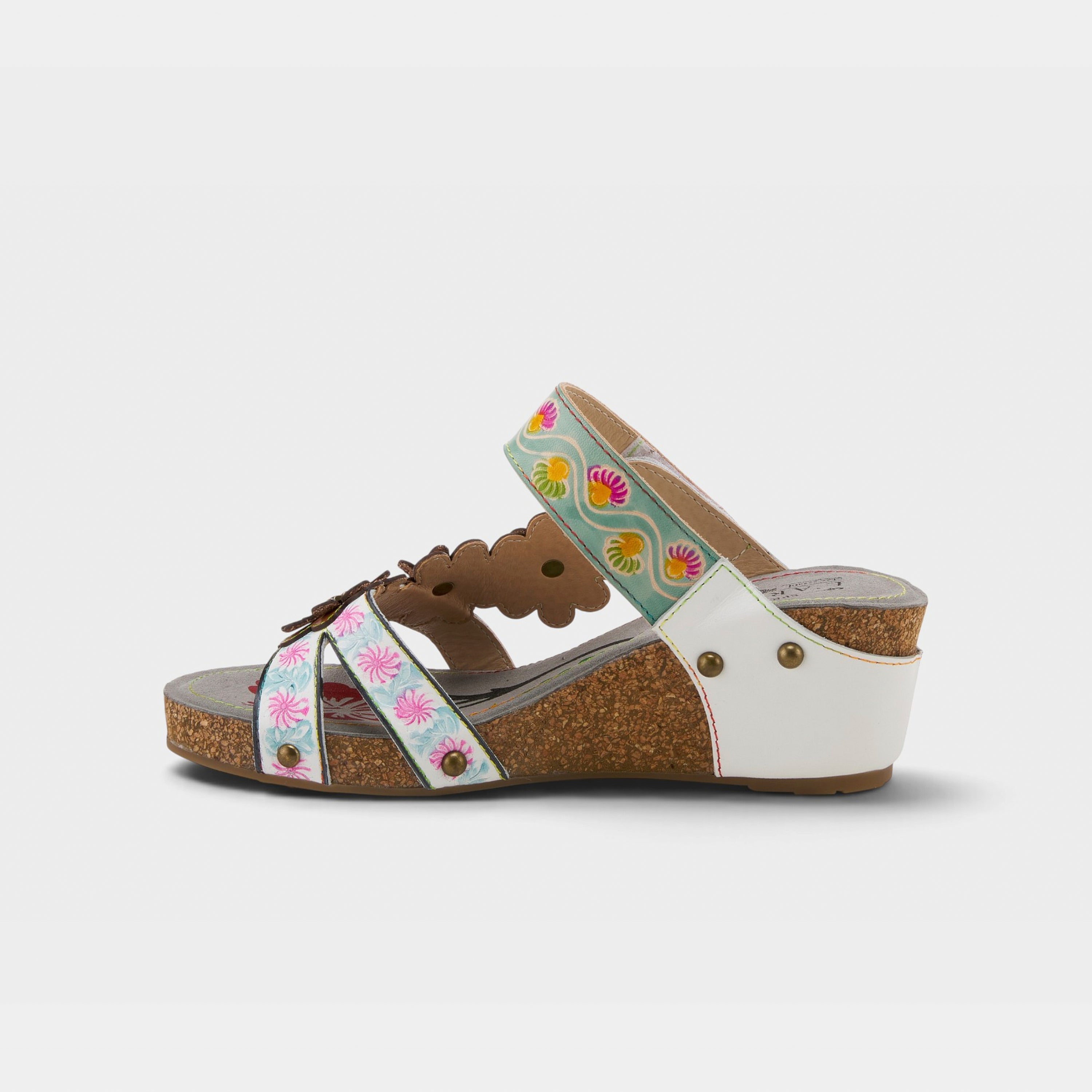L'Artiste Delight slide sandals in White Multi, side view