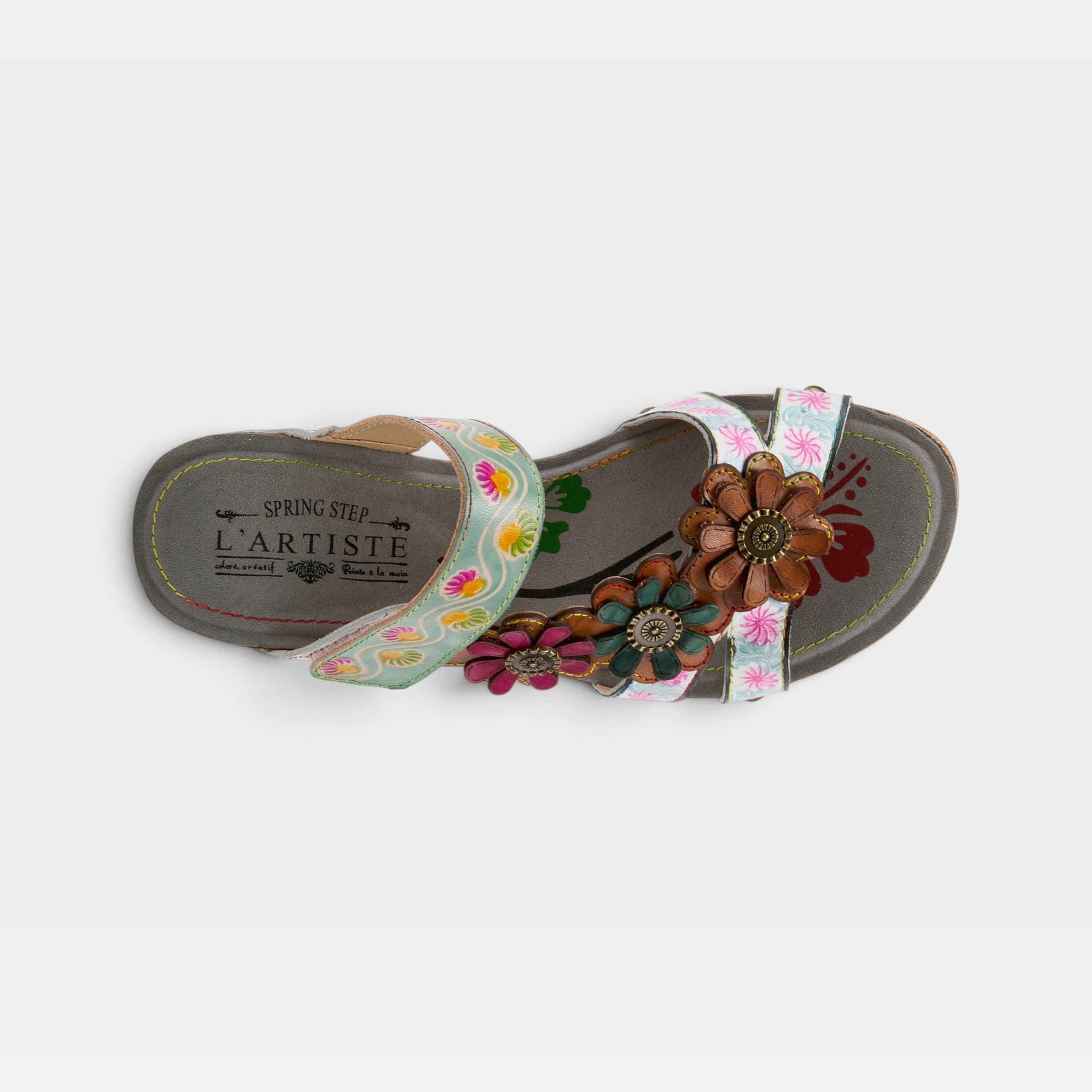 L'Artiste Delight slide sandals in White Multi, top view