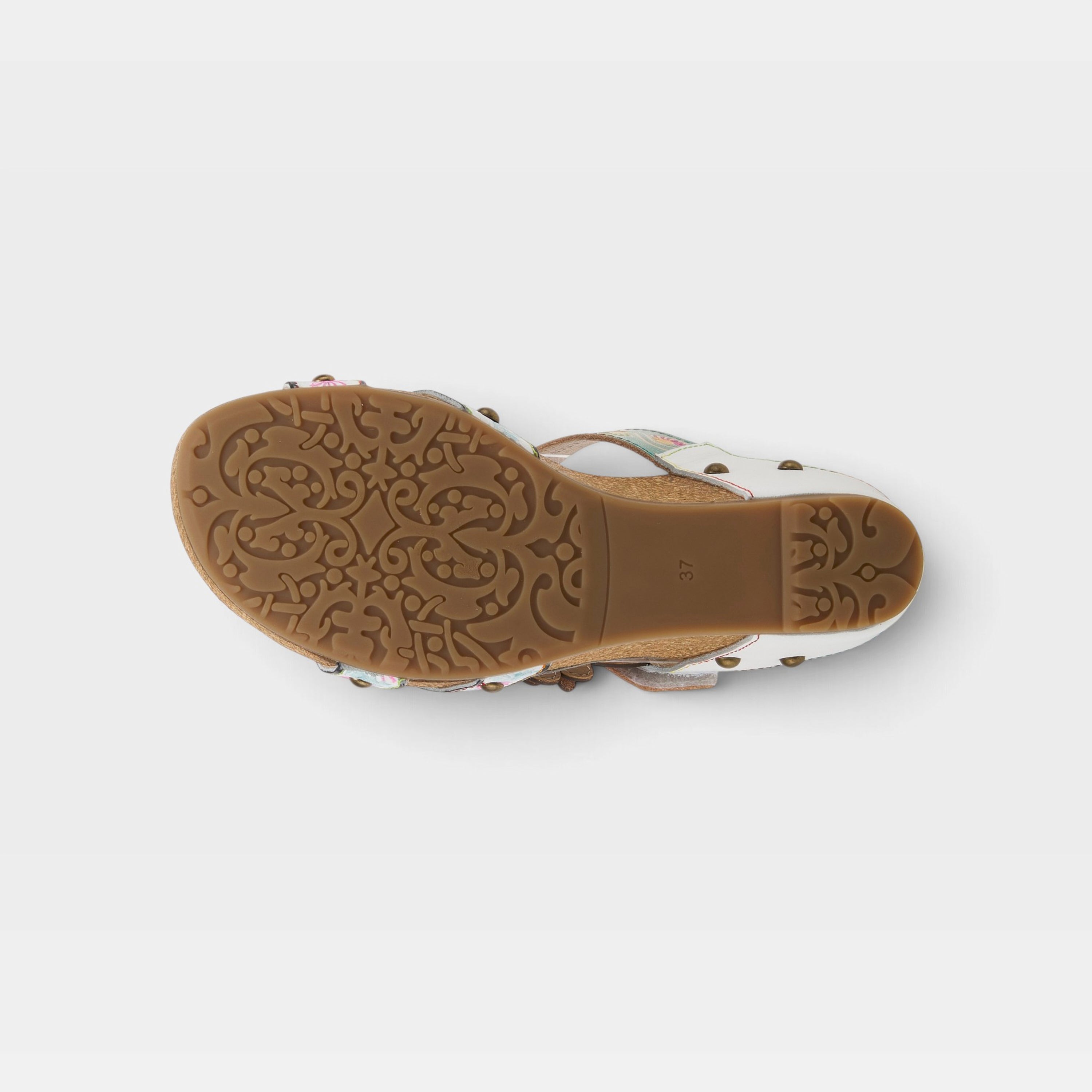 L'Artiste Delight slide sandals in White Multi, outsole view