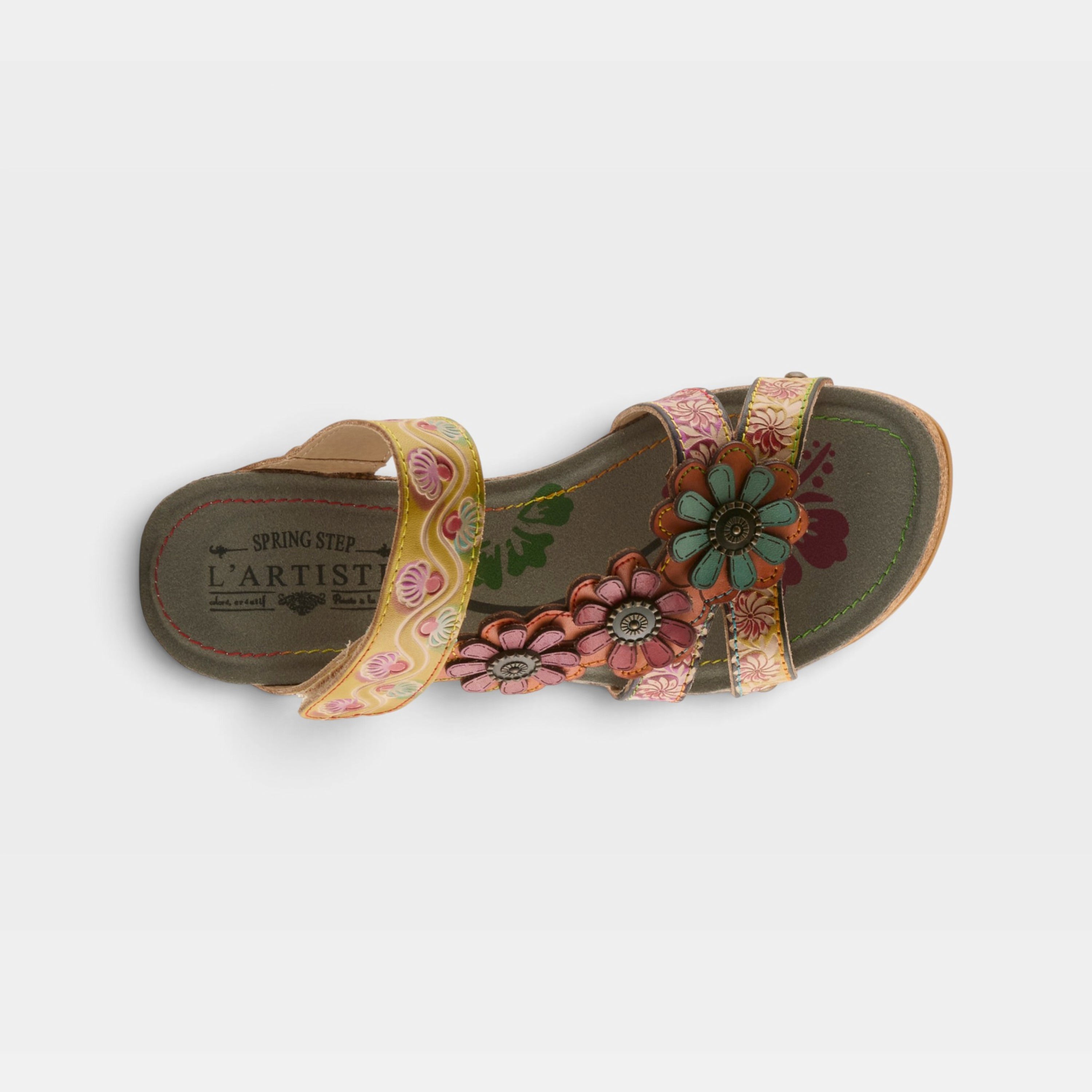 L'Artiste Delight slide sandals in Yellow Multi, top view