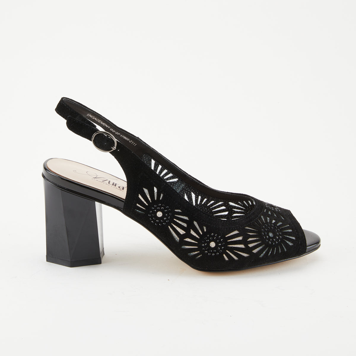 Azura Engagement Slingback women's sandal in black suede with leather upper and buckle detail