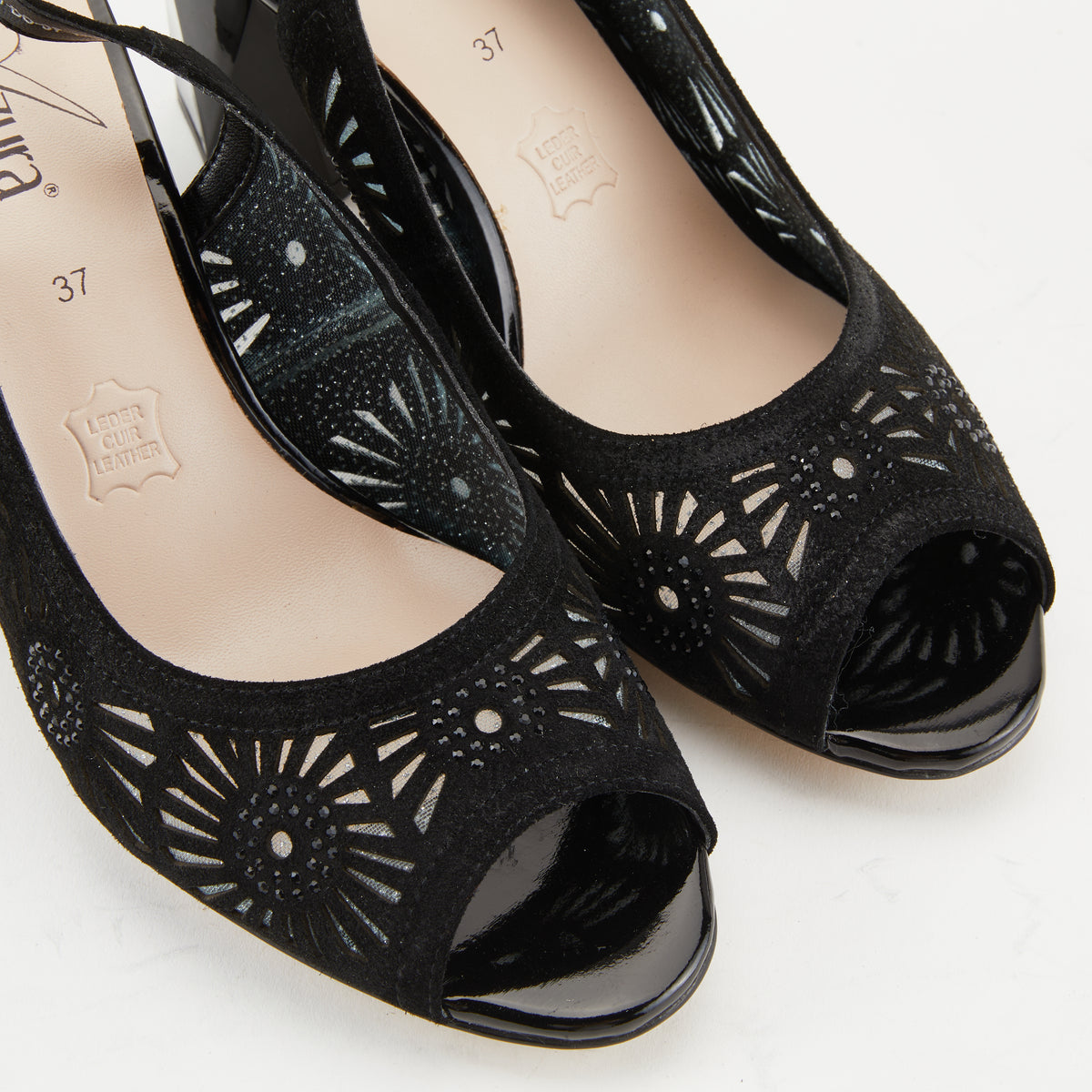 Azura Engagement Slingback women's sandal in black suede with leather upper and buckle detail
