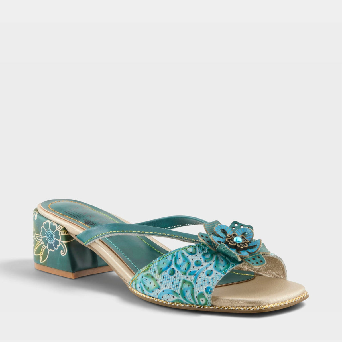 L'Artiste EUROPA SANDALS in TEAL MULTI, front view