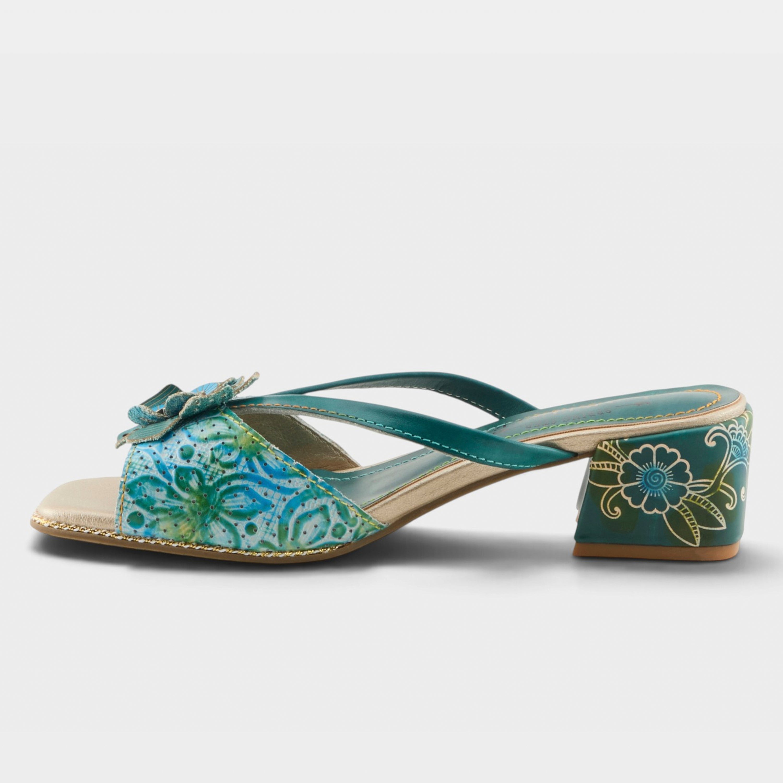 L'Artiste Europa sandals in Teal Multi, side view