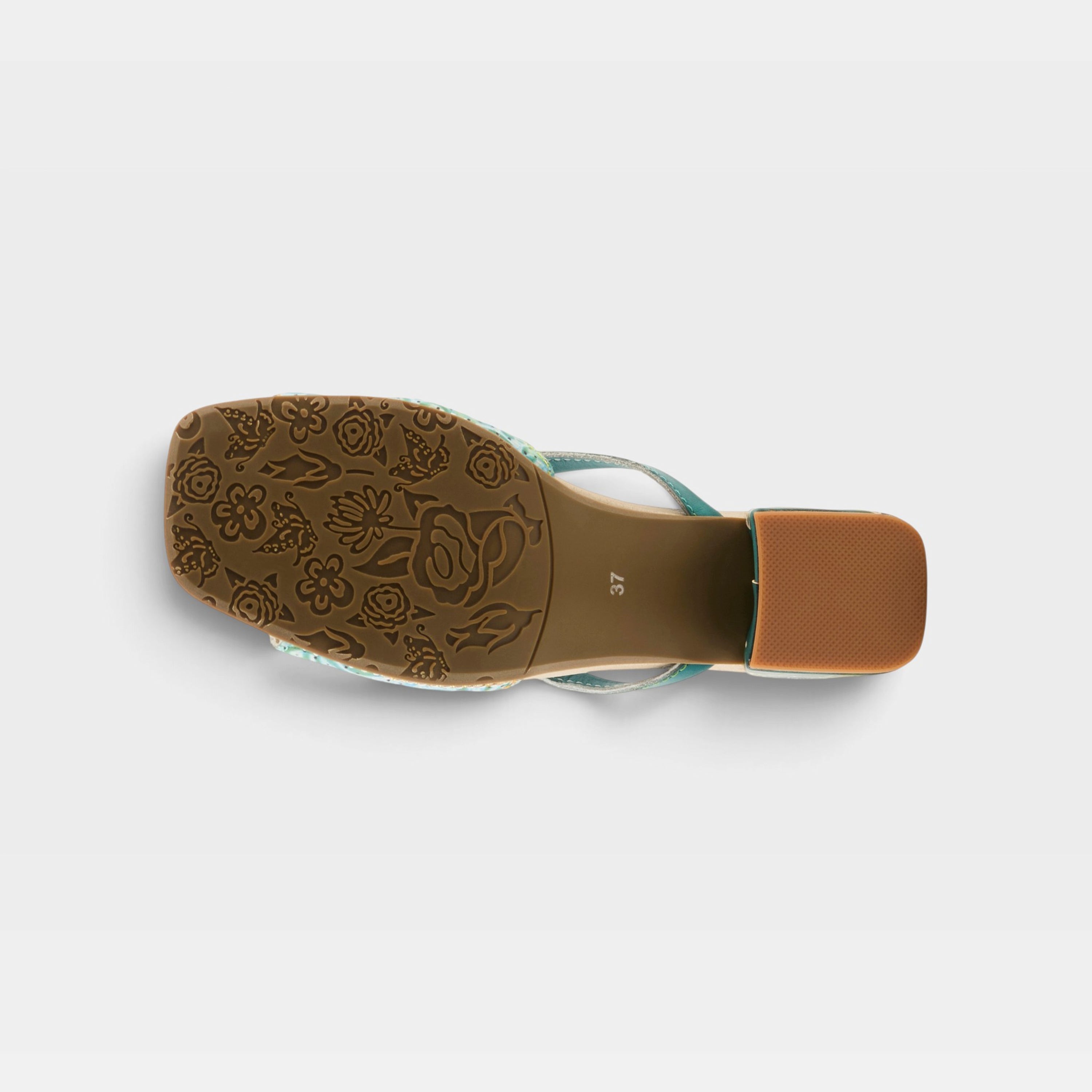 L'Artiste Europa sandals in Teal Multi, outsole view