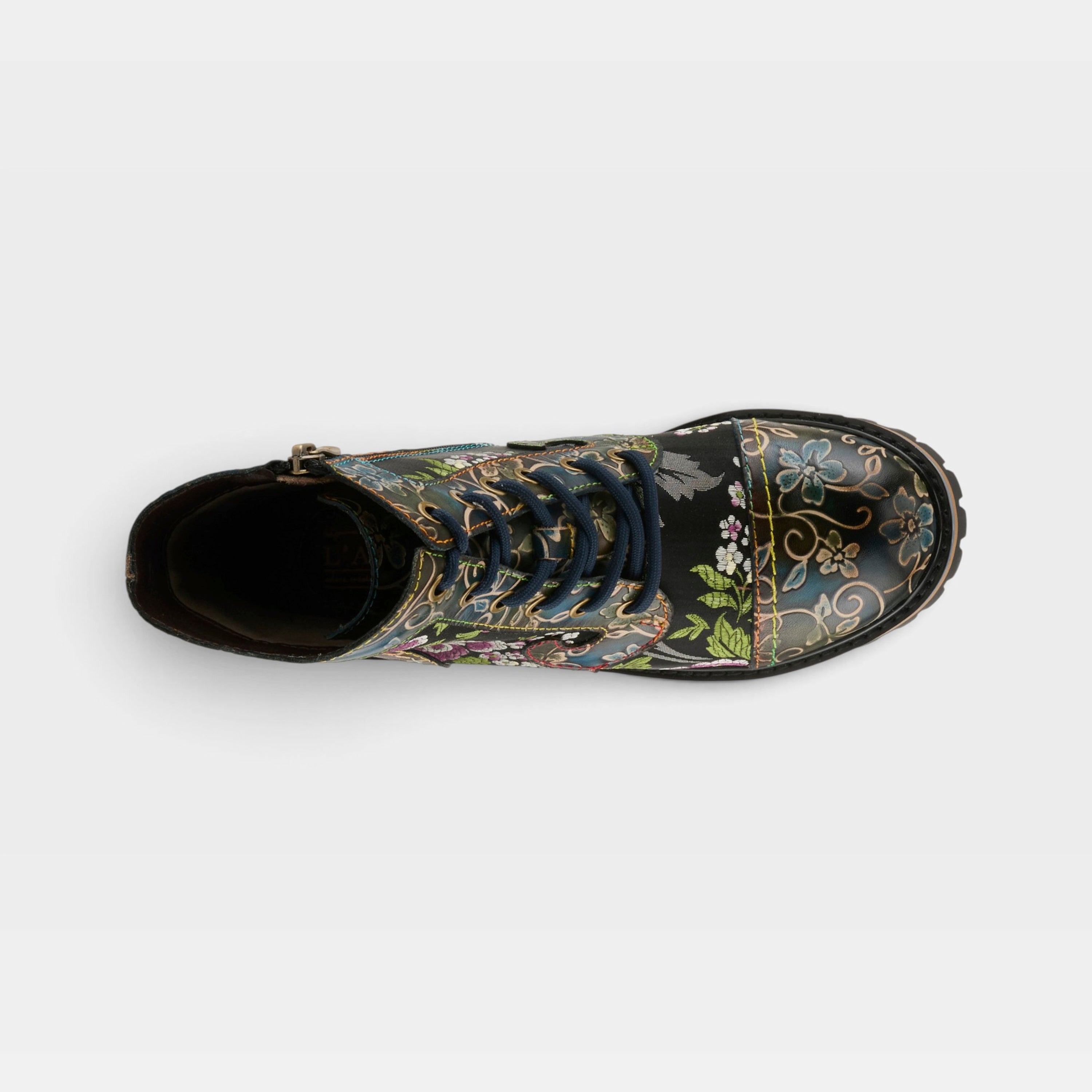 L'Artiste Fantastic booties in Blue Multi, top view
