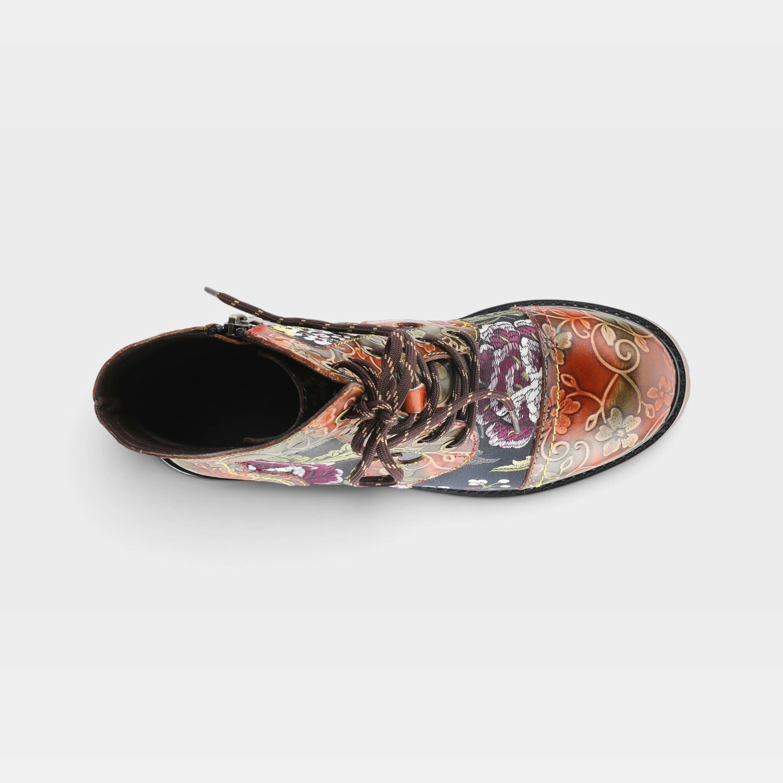L'Artiste Fantastic booties in Brown Multi, top view