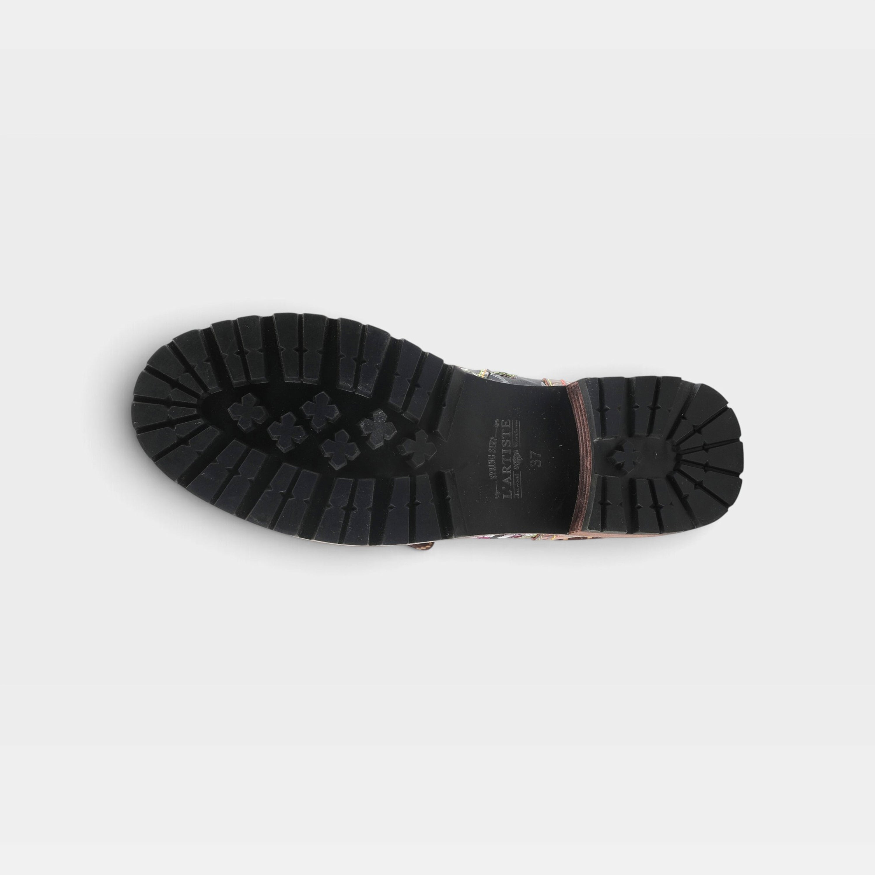 L'Artiste Fantastic booties in Brown Multi, outsole view