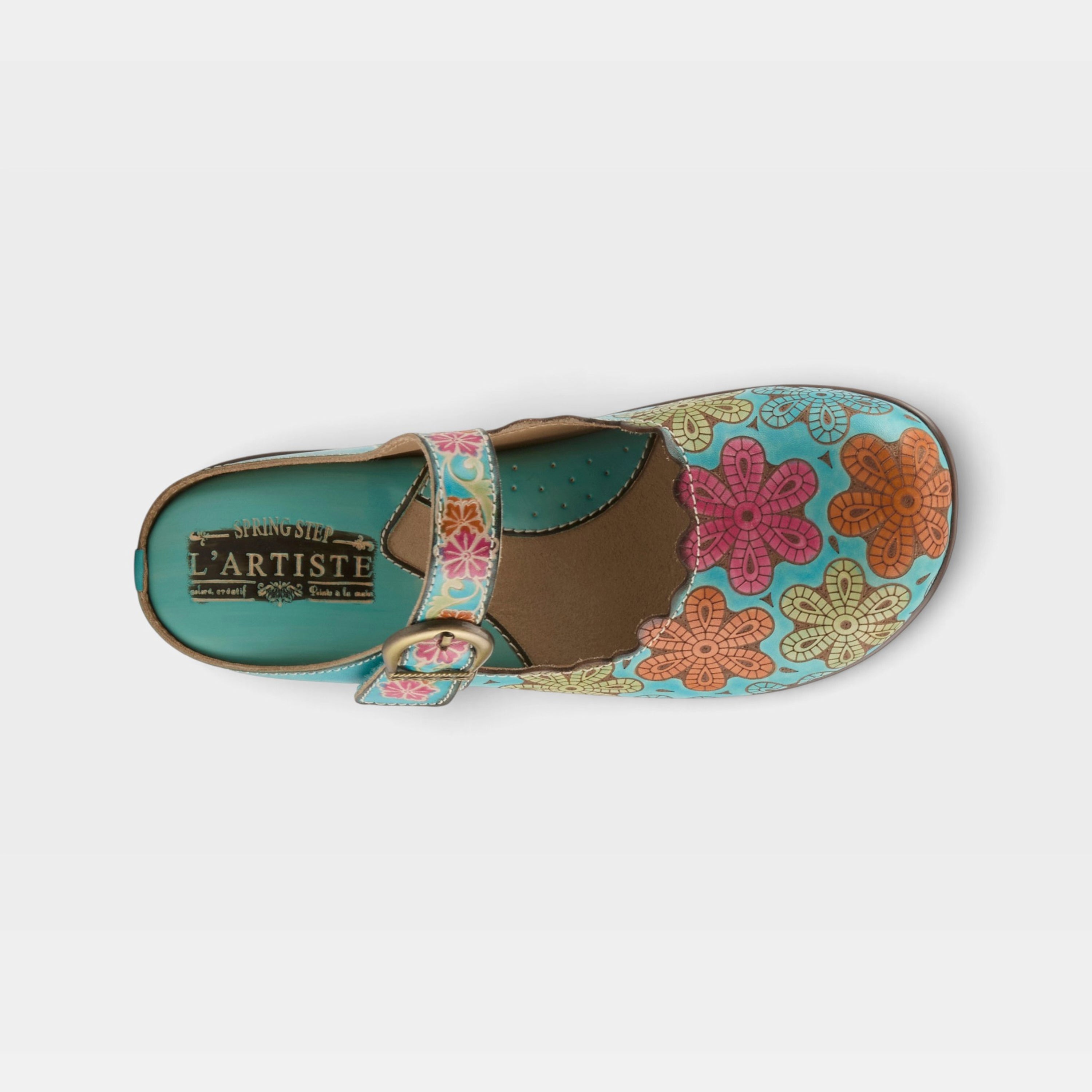 L'Artiste Flochino clogs in Turquoise Multi, top view