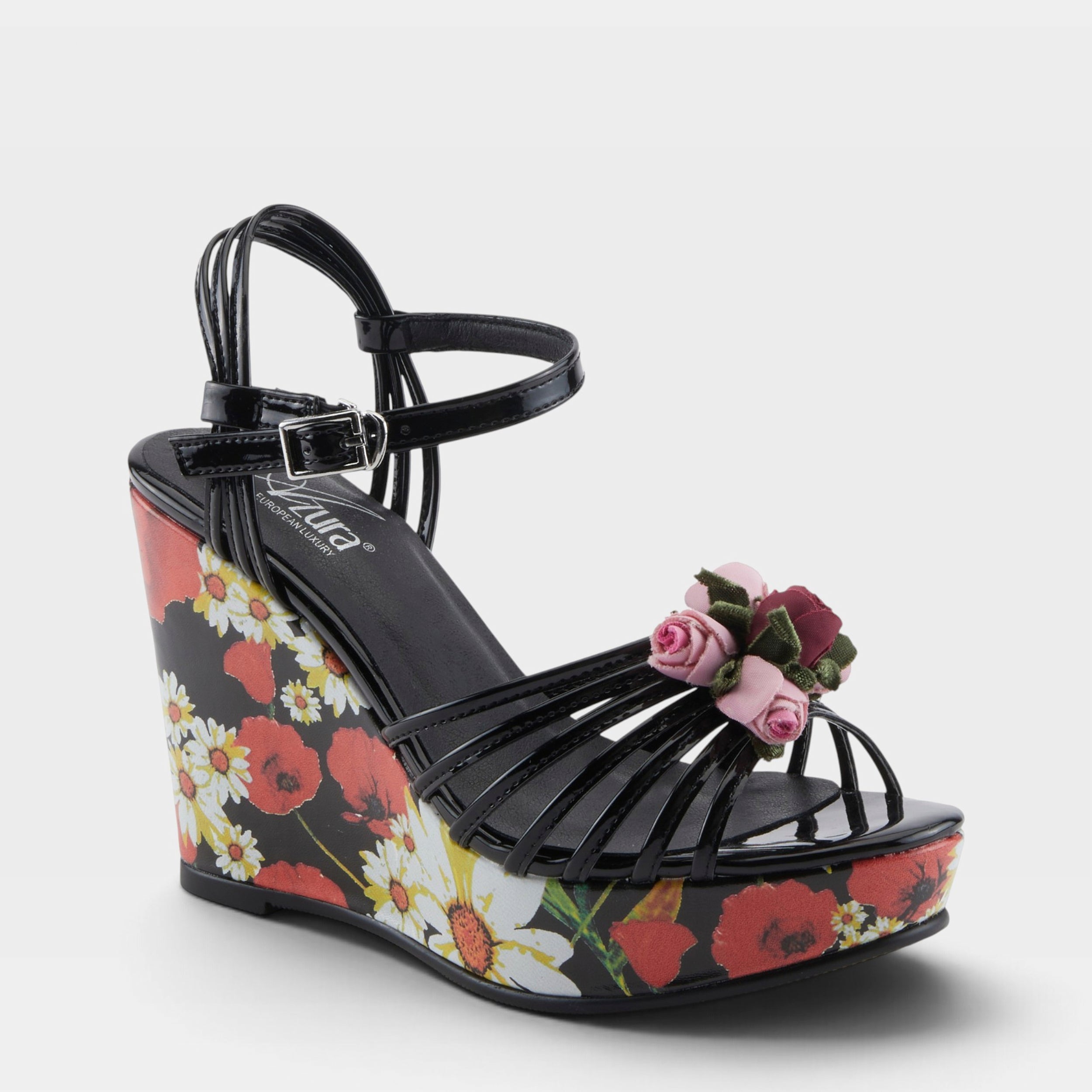 Azura Florarose Black Patent Sandal