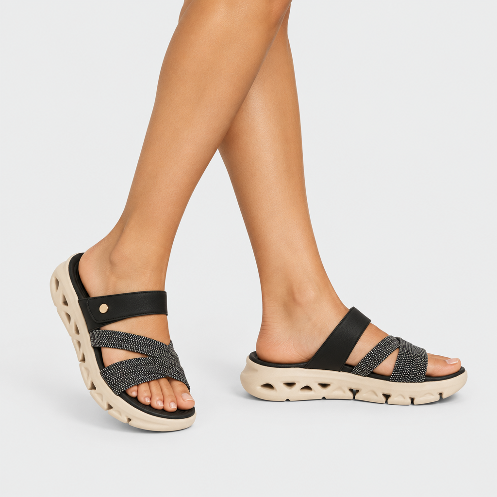 Flexus Galvanesa Black Sandal - on-foot view