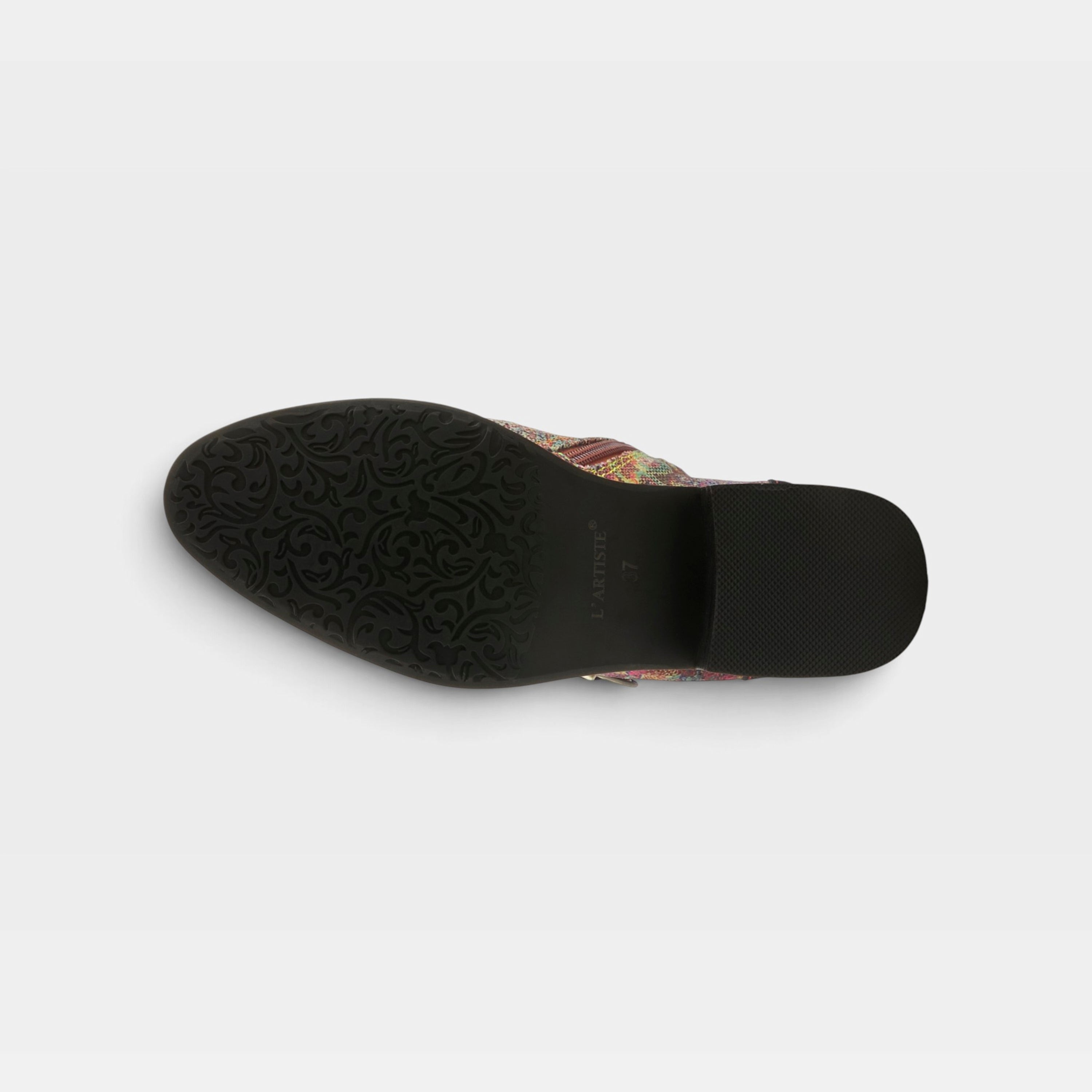 L'Artiste Georgiana-Scope boots in Camel Multi, outsole view