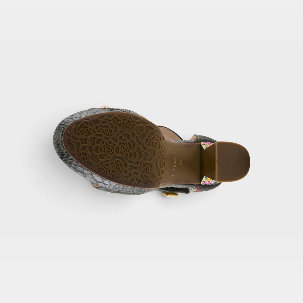 L'Artiste Jewell closed back sandals in Black, outsole view