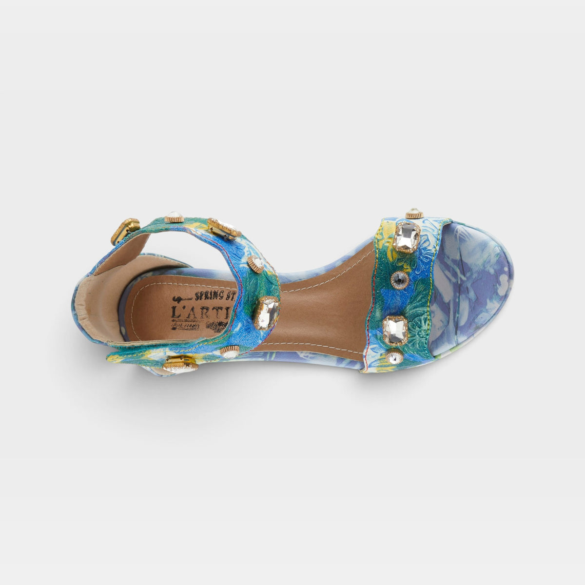 L'Artiste Jewell closed back sandals in Blue Multi, top view