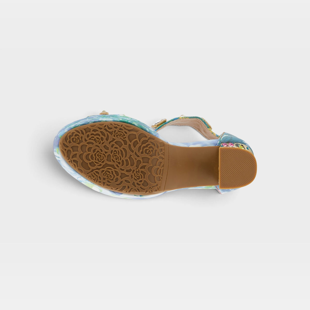 L'Artiste Jewell closed back sandals in Blue Multi, outsole view