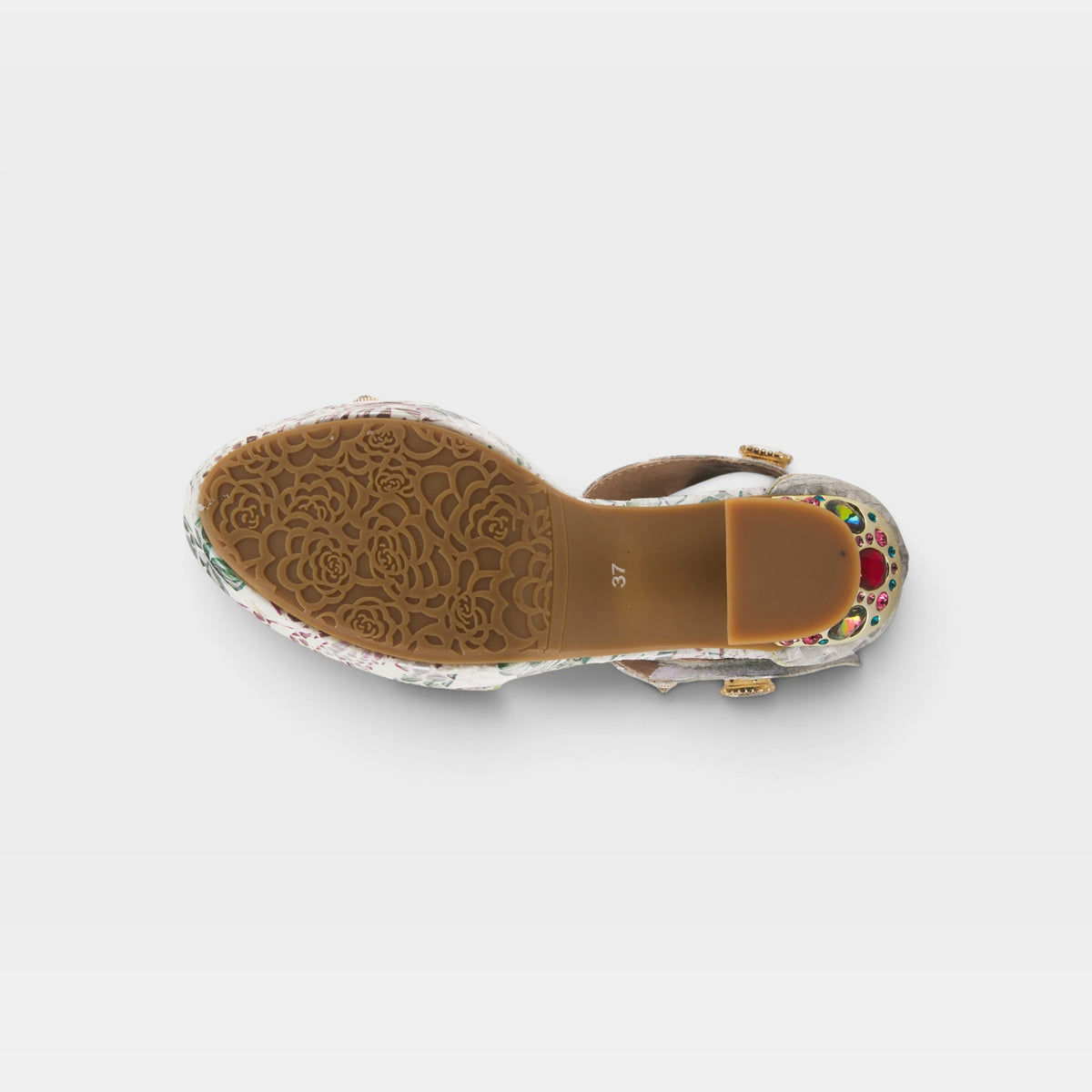 L'Artiste Jewell closed back sandals in Ice, outsole view
