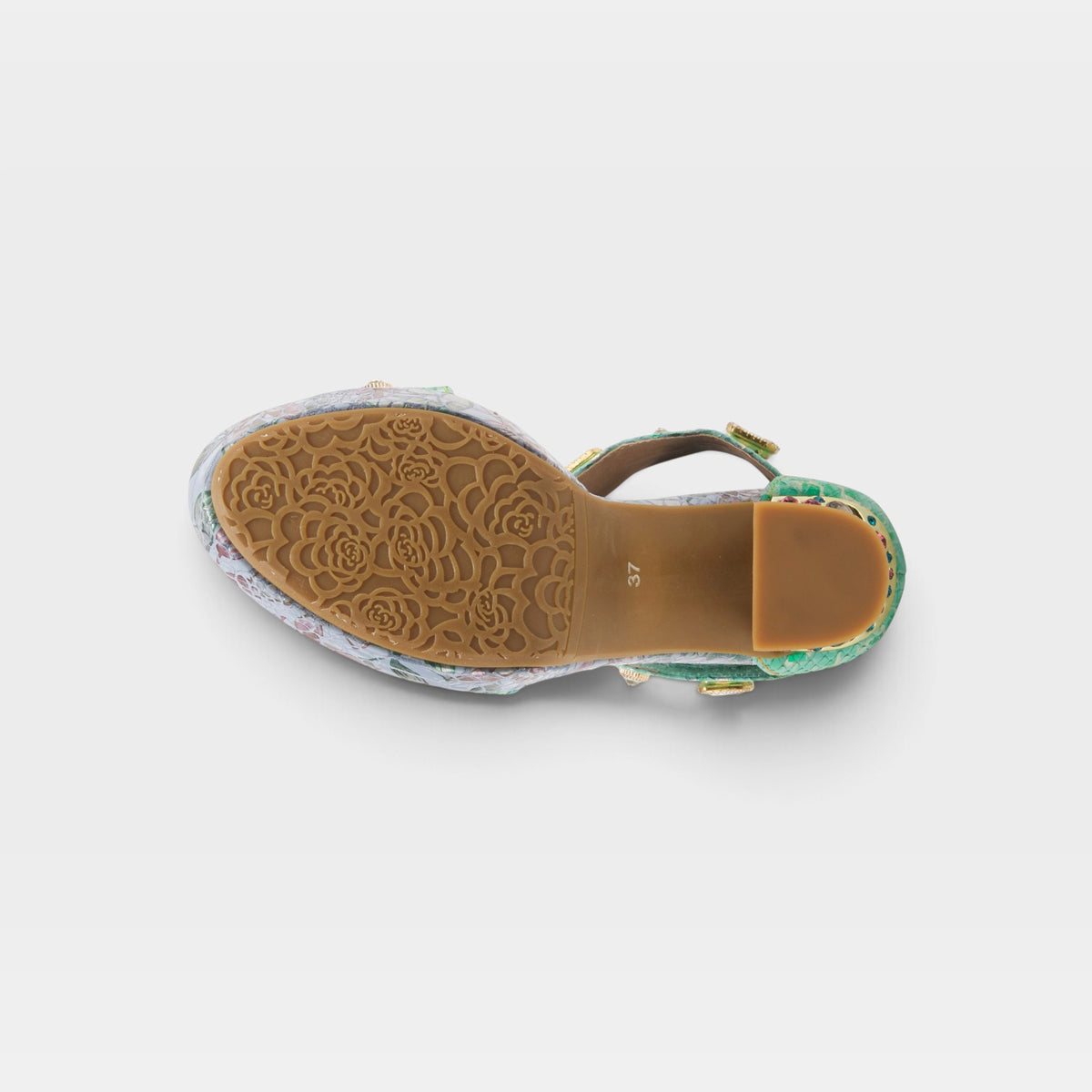 L'Artiste Jewell closed back sandals in Mint Green, outsole view