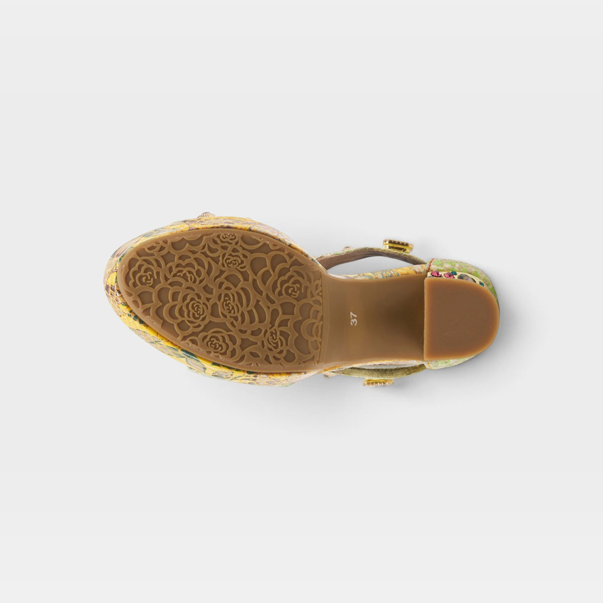 L'Artiste Jewell closed back sandals in Yellow, outsole view