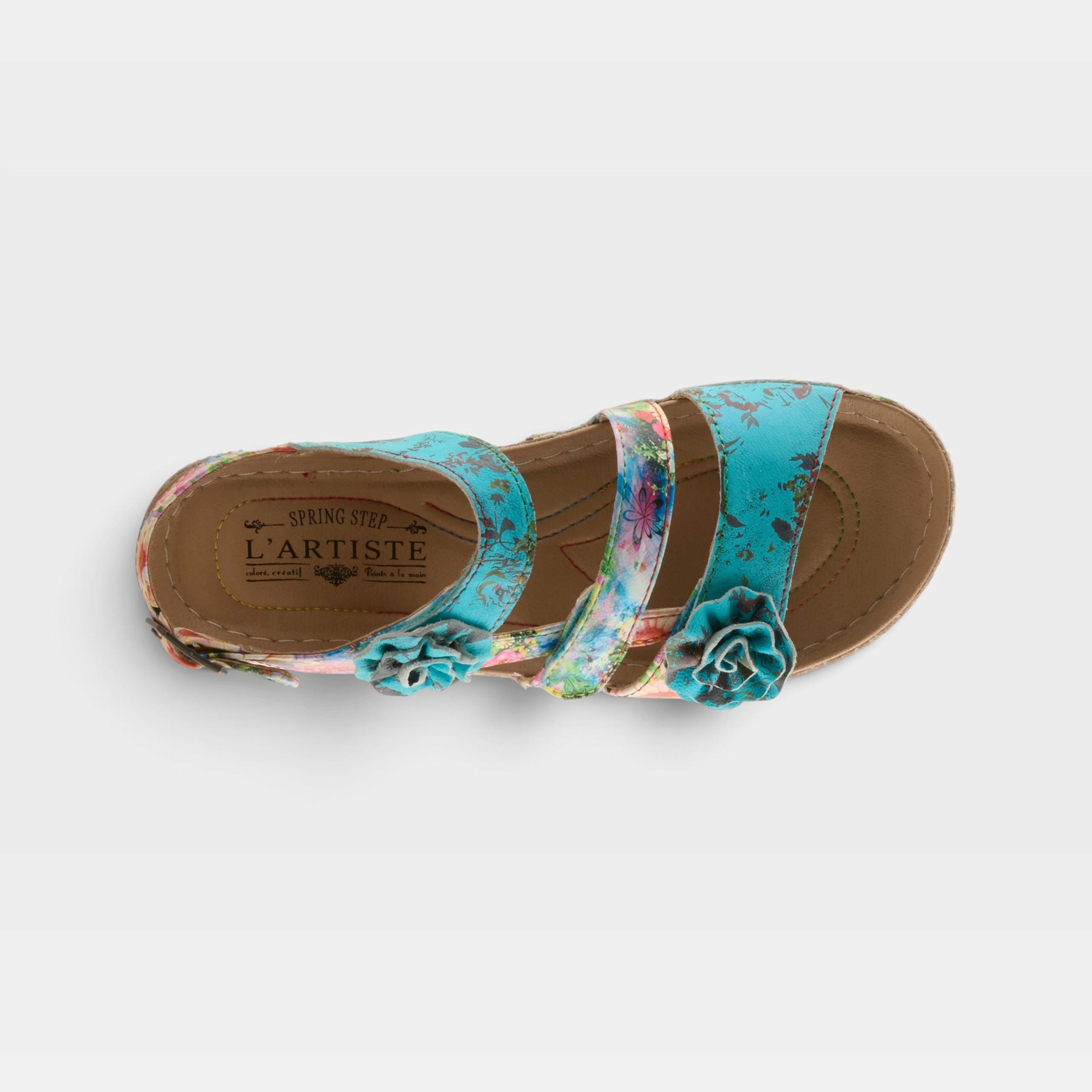 L'Artiste Joelina-Dazi ankle strap sandals in Turquoise Multi, top view