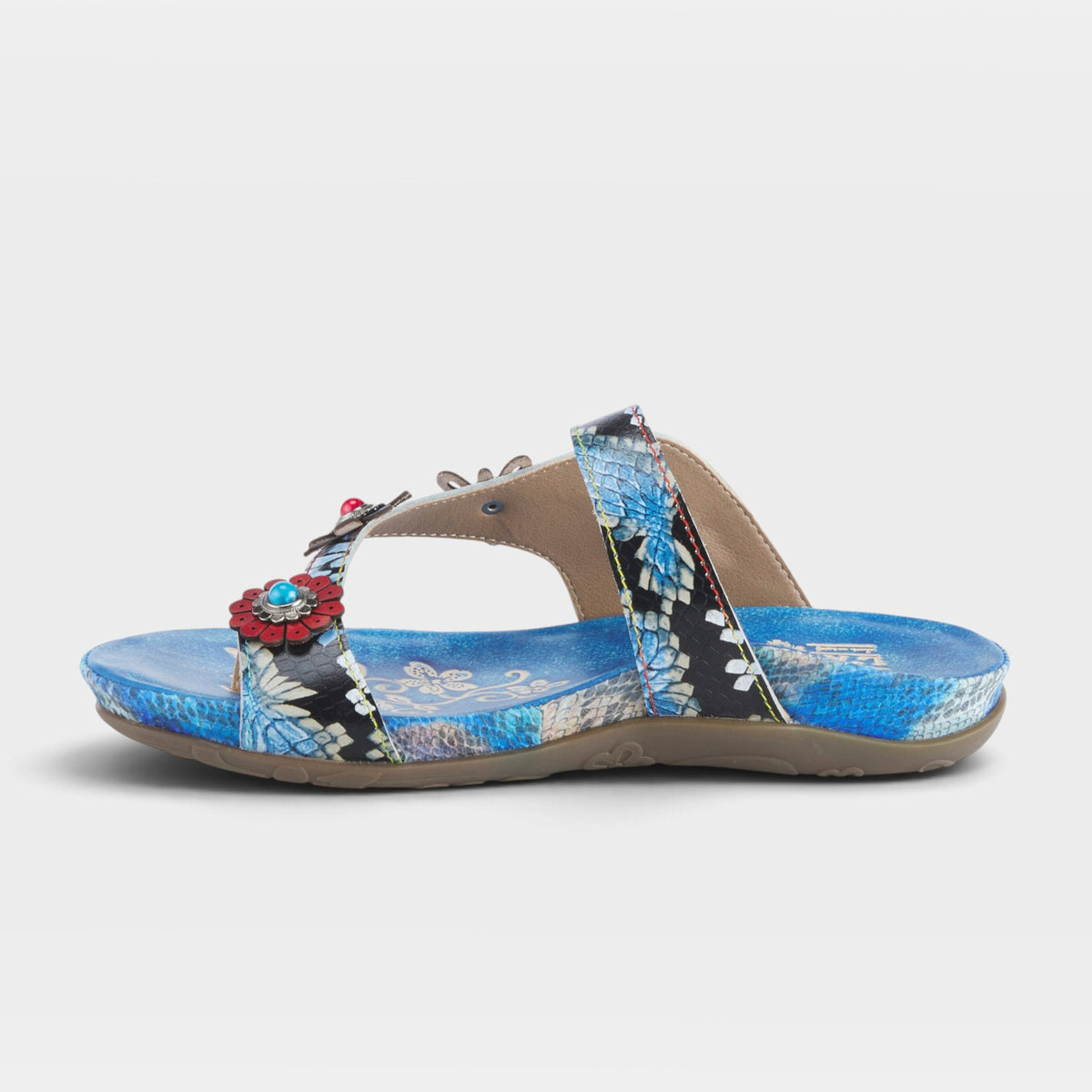 L'Artiste Kindness slide sandals in Blue Multi, side view