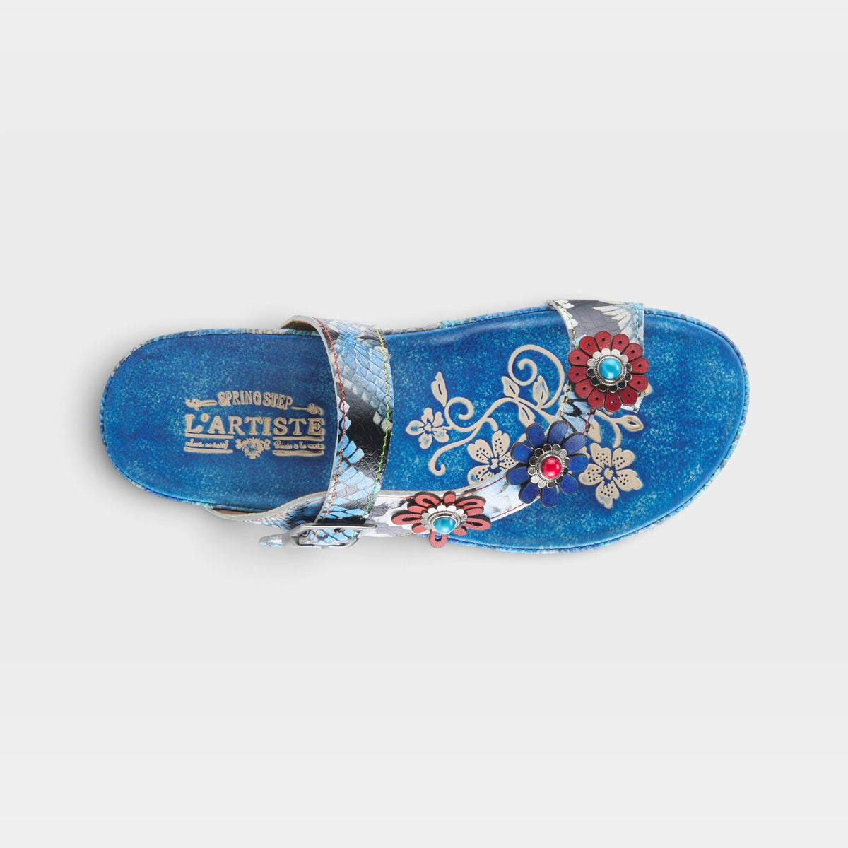 L'Artiste Kindness slide sandals in Blue Multi, top view