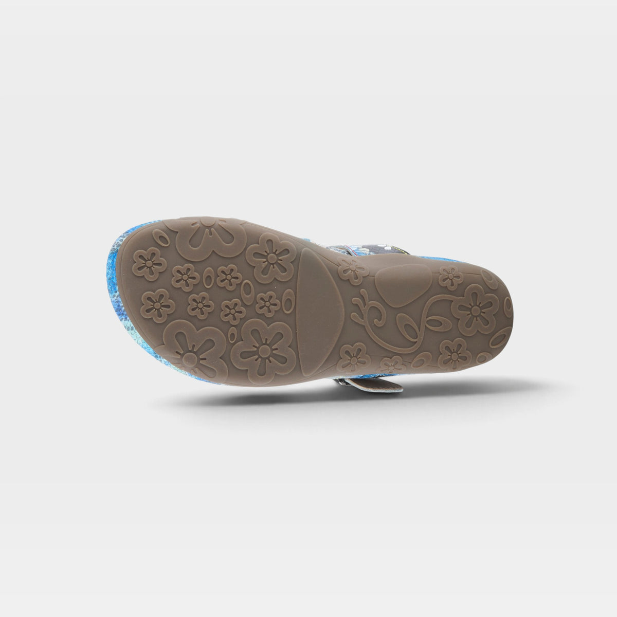 L'Artiste Kindness slide sandals in Blue Multi, outsole view