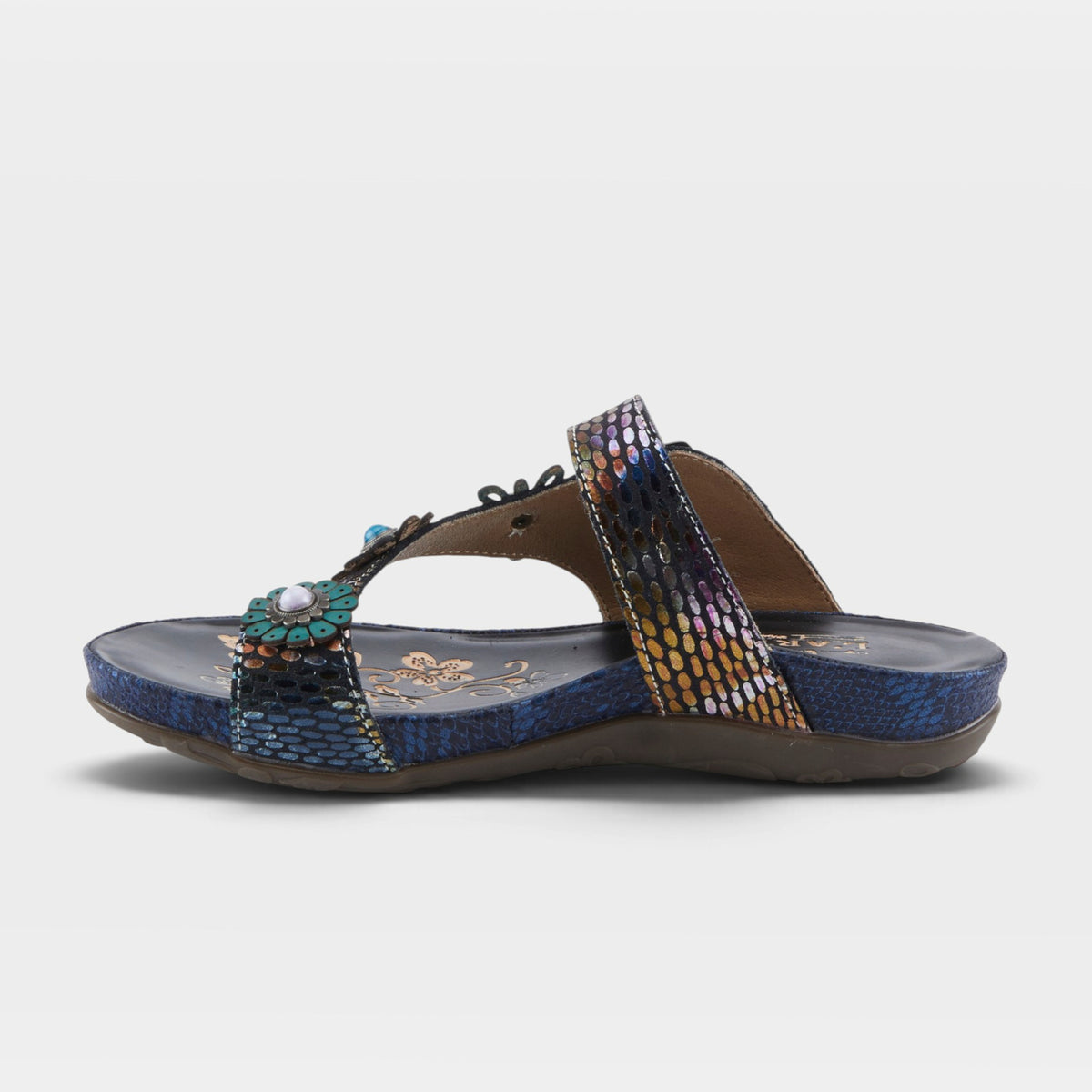 L'Artiste Kindness slide sandals in Black Multi, side view