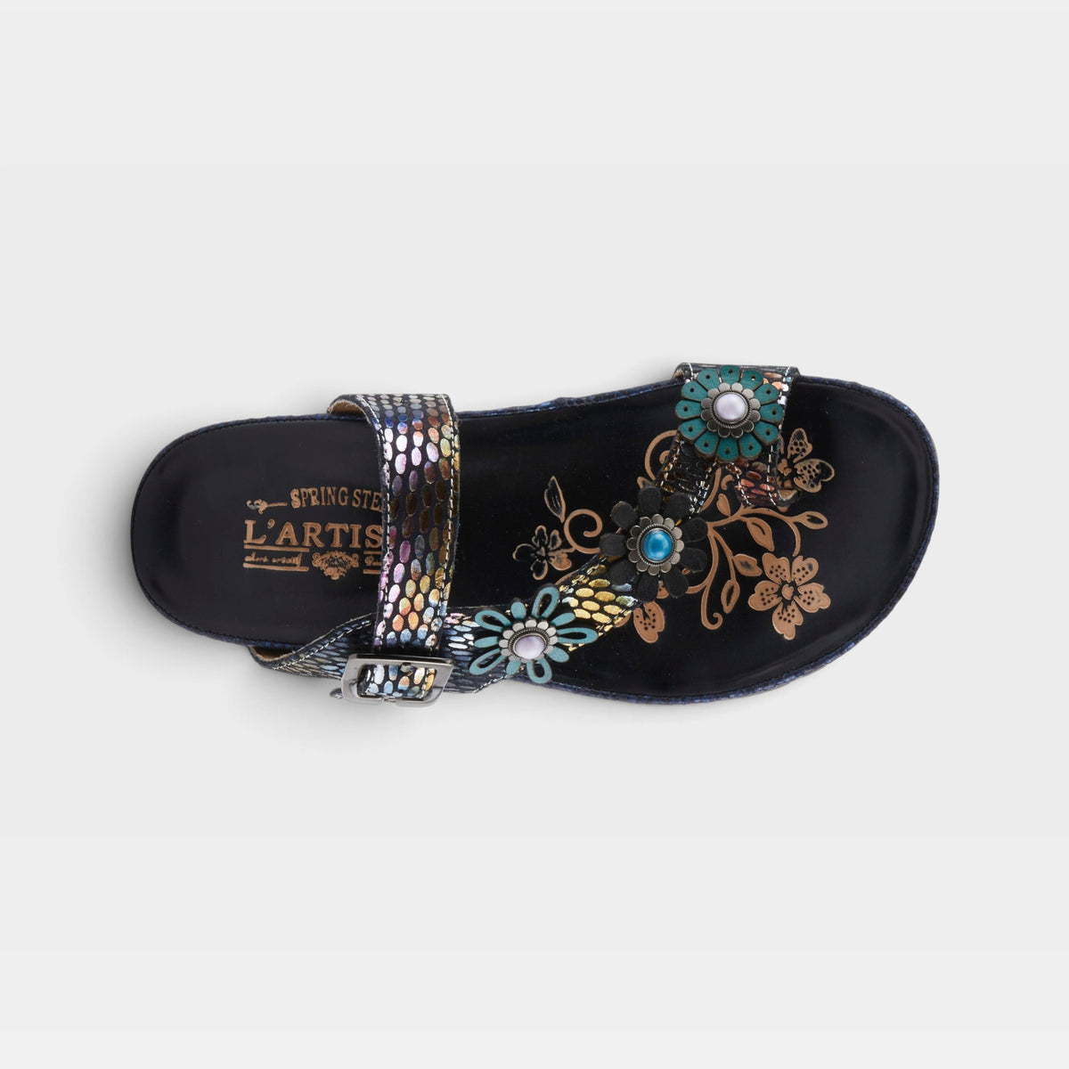 L'Artiste Kindness slide sandals in Black Multi, top view