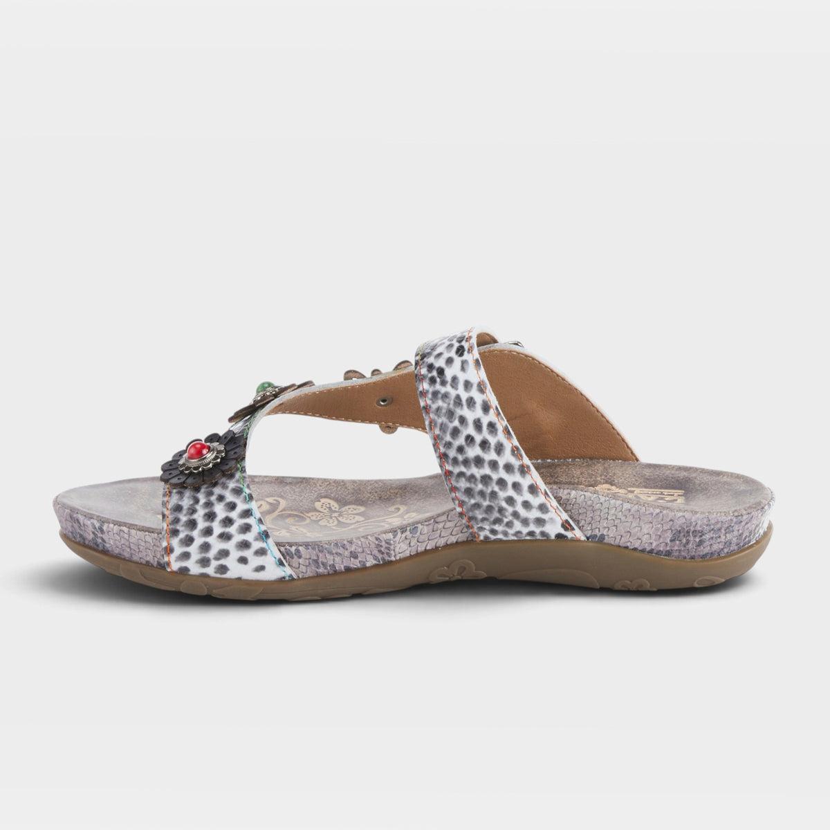 L'Artiste Kindness slide sandals in Grey Multi, side view