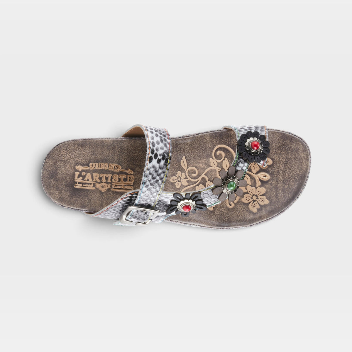 L'Artiste Kindness slide sandals in Grey Multi, top view