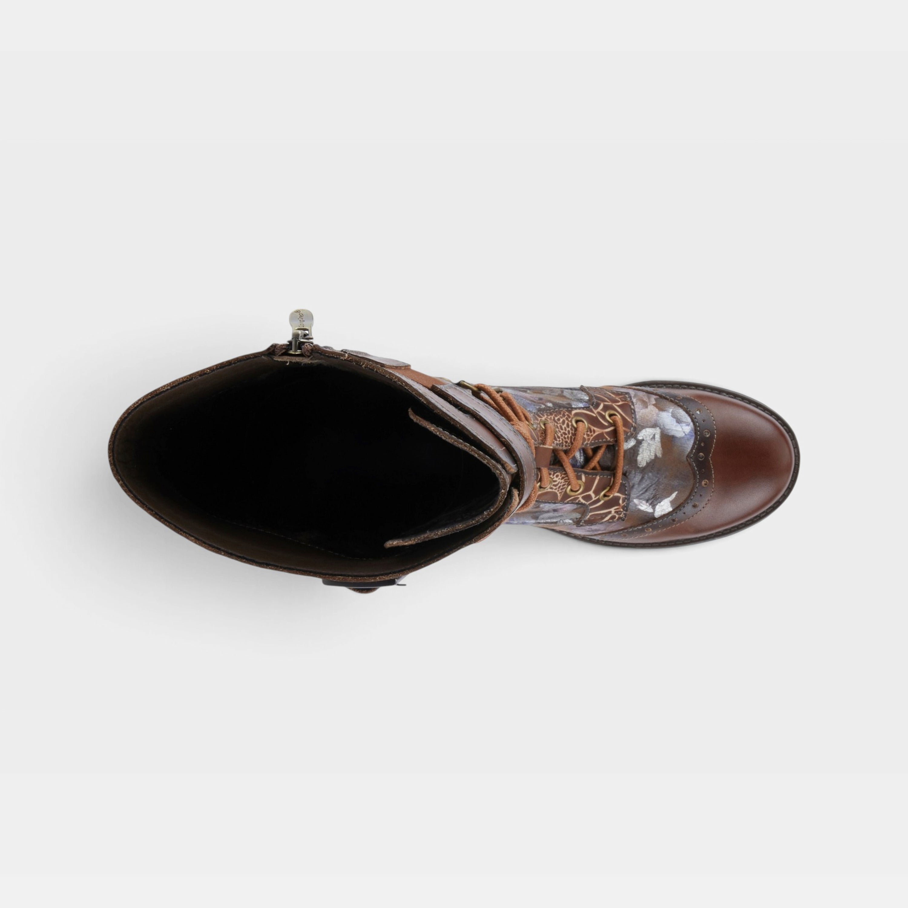 L'Artiste Kisha-Boss boots in Brown Multi, top view