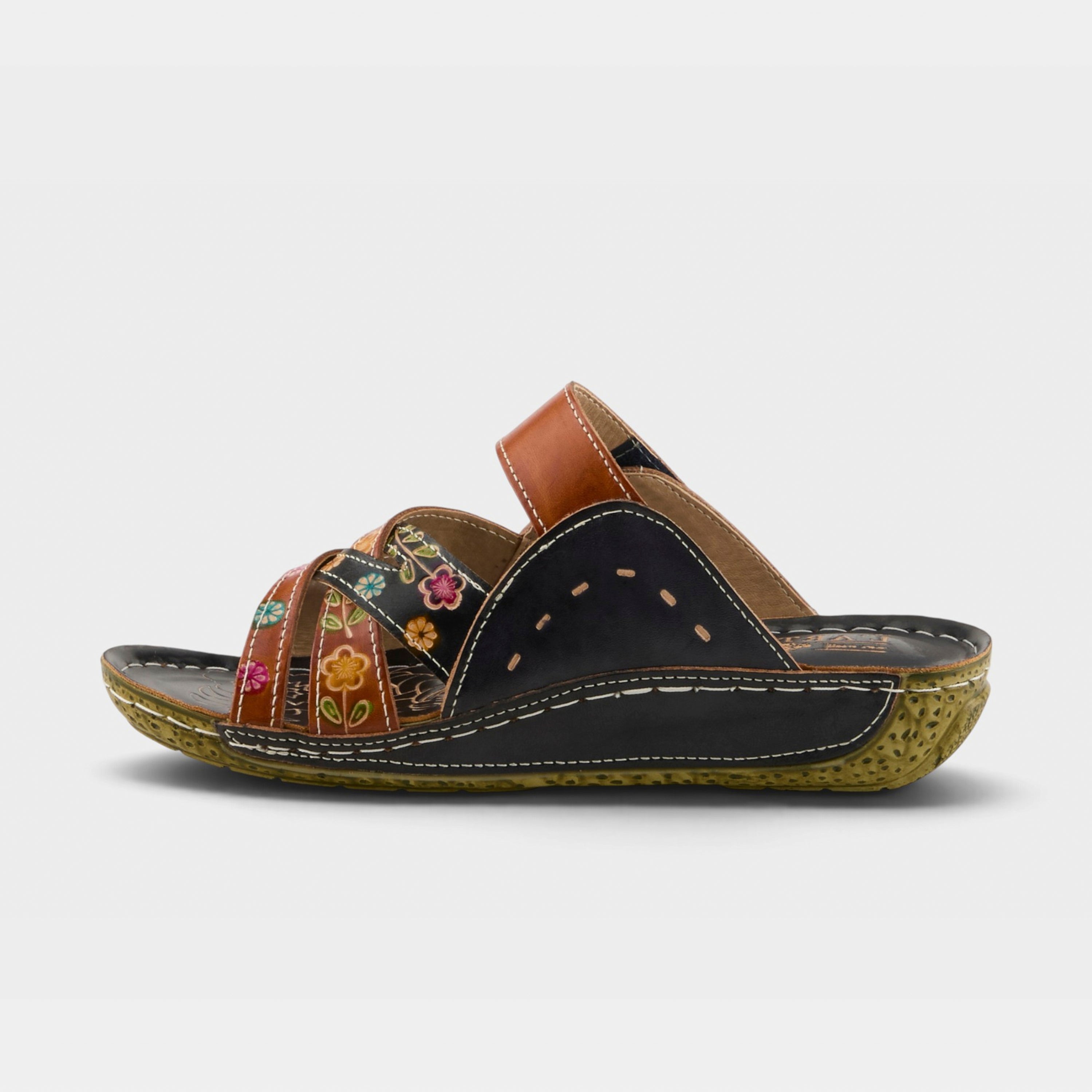 L'Artiste Leigh slide sandals in Navy Multi, side view