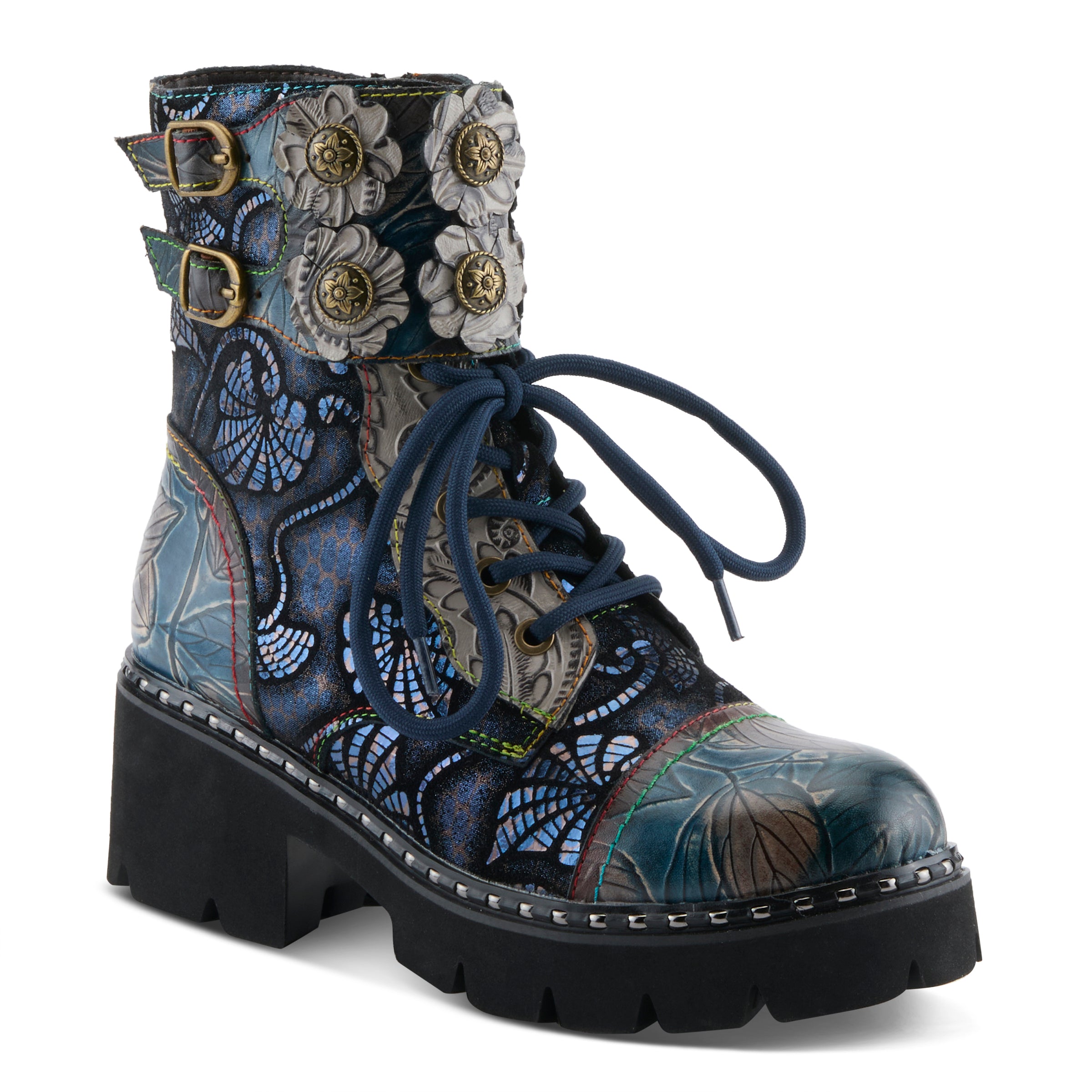 L'Artiste L'ARTISTE LIMITLESS MID CALF BOOTS boot in blue multi with handcrafted leather design