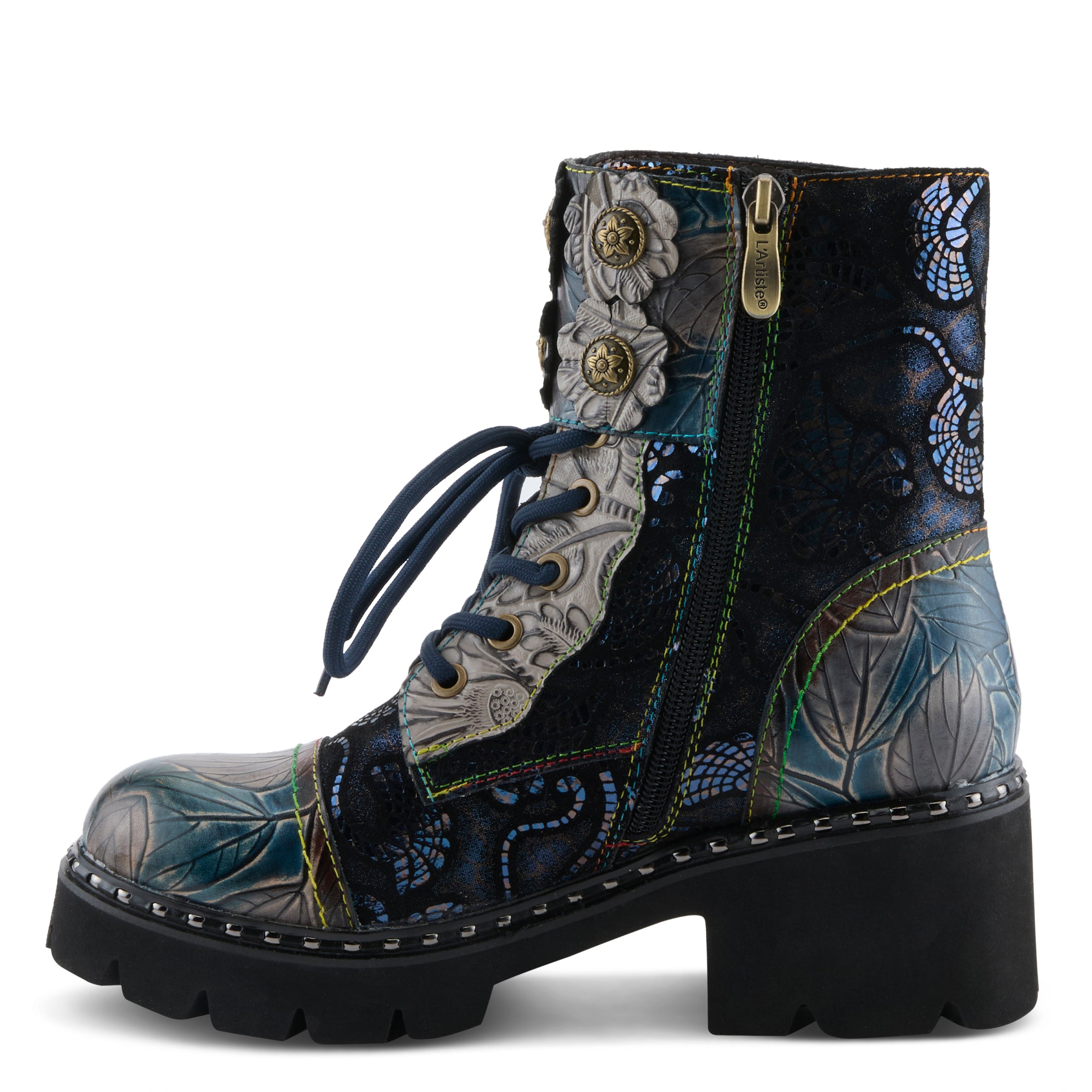 L'Artiste L'ARTISTE LIMITLESS MID CALF BOOTS boot in blue multi with handcrafted leather design