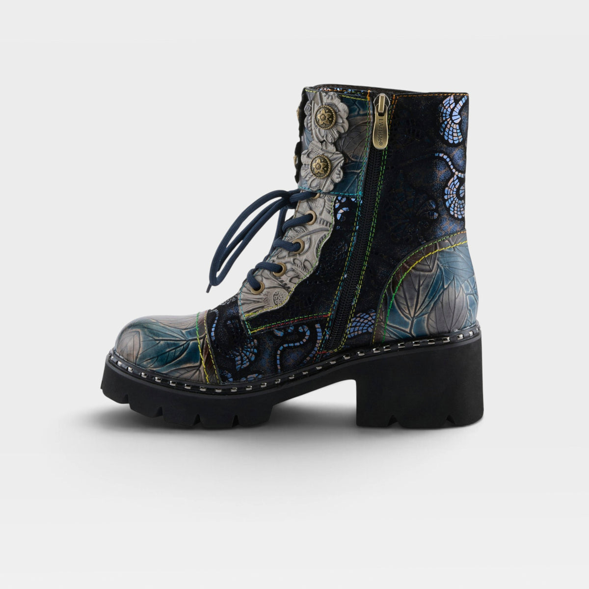 L'Artiste Limitless mid calf boots in Blue Multi, side view