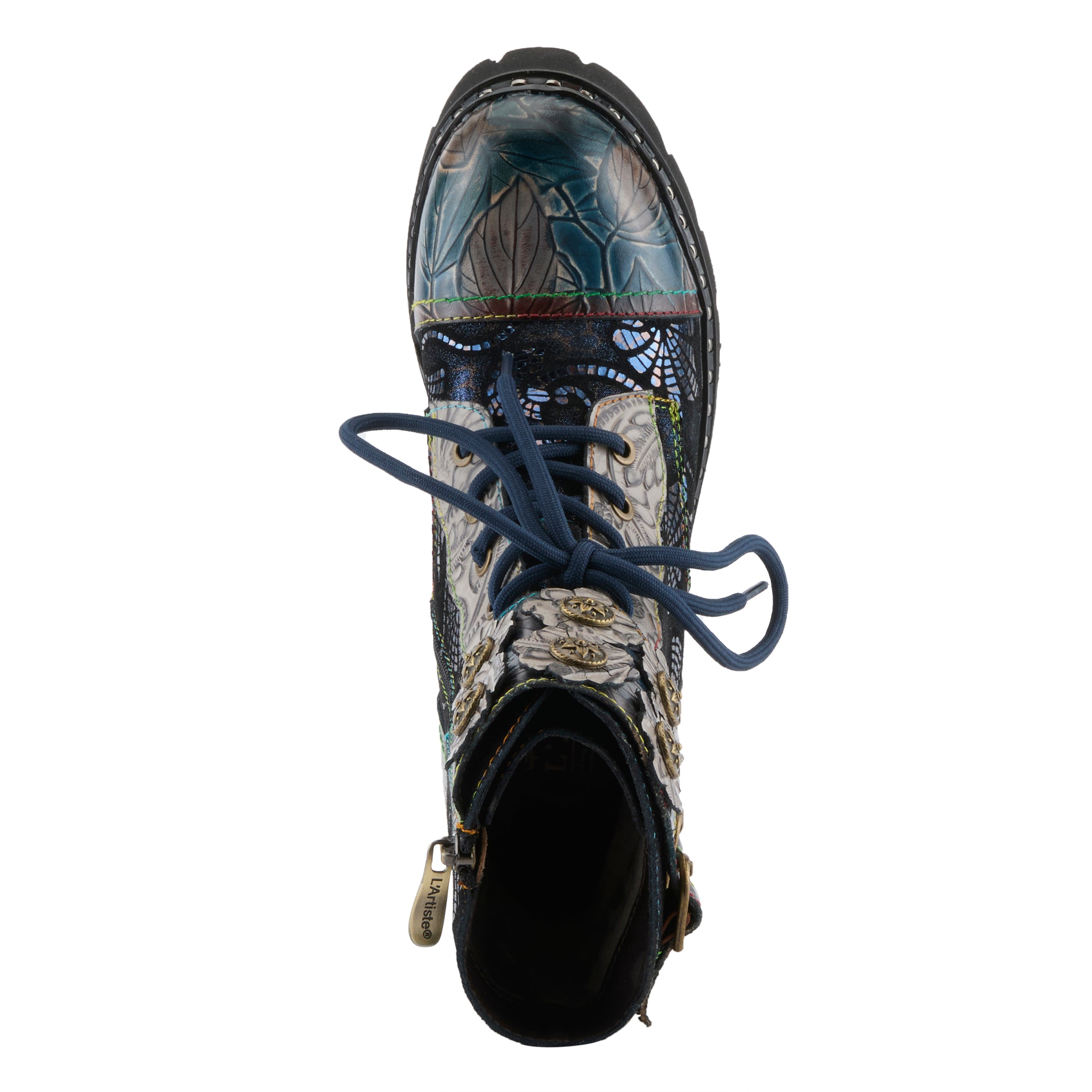 L'Artiste L'ARTISTE LIMITLESS MID CALF BOOTS boot in blue multi with handcrafted leather design