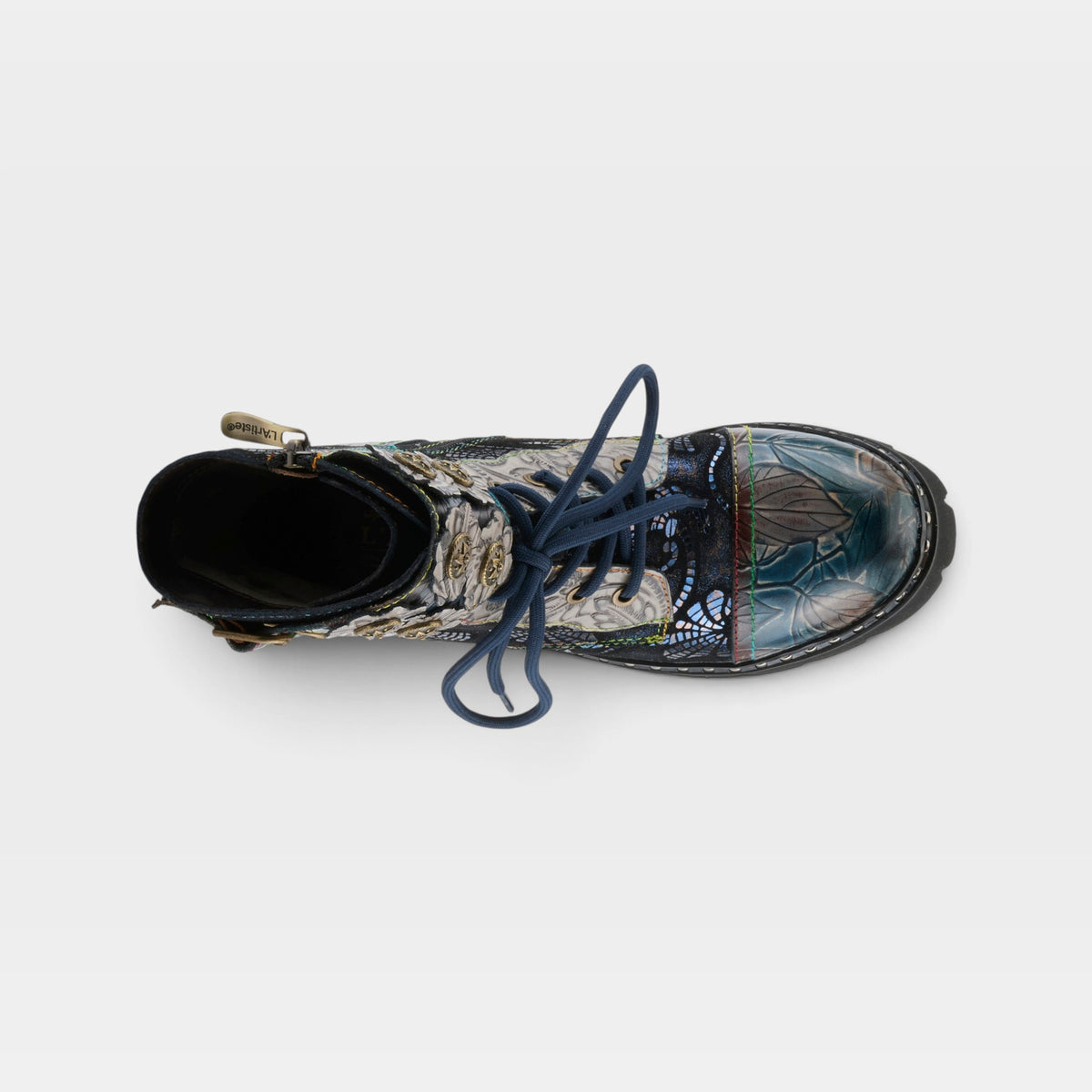L'Artiste Limitless mid calf boots in Blue Multi, top view