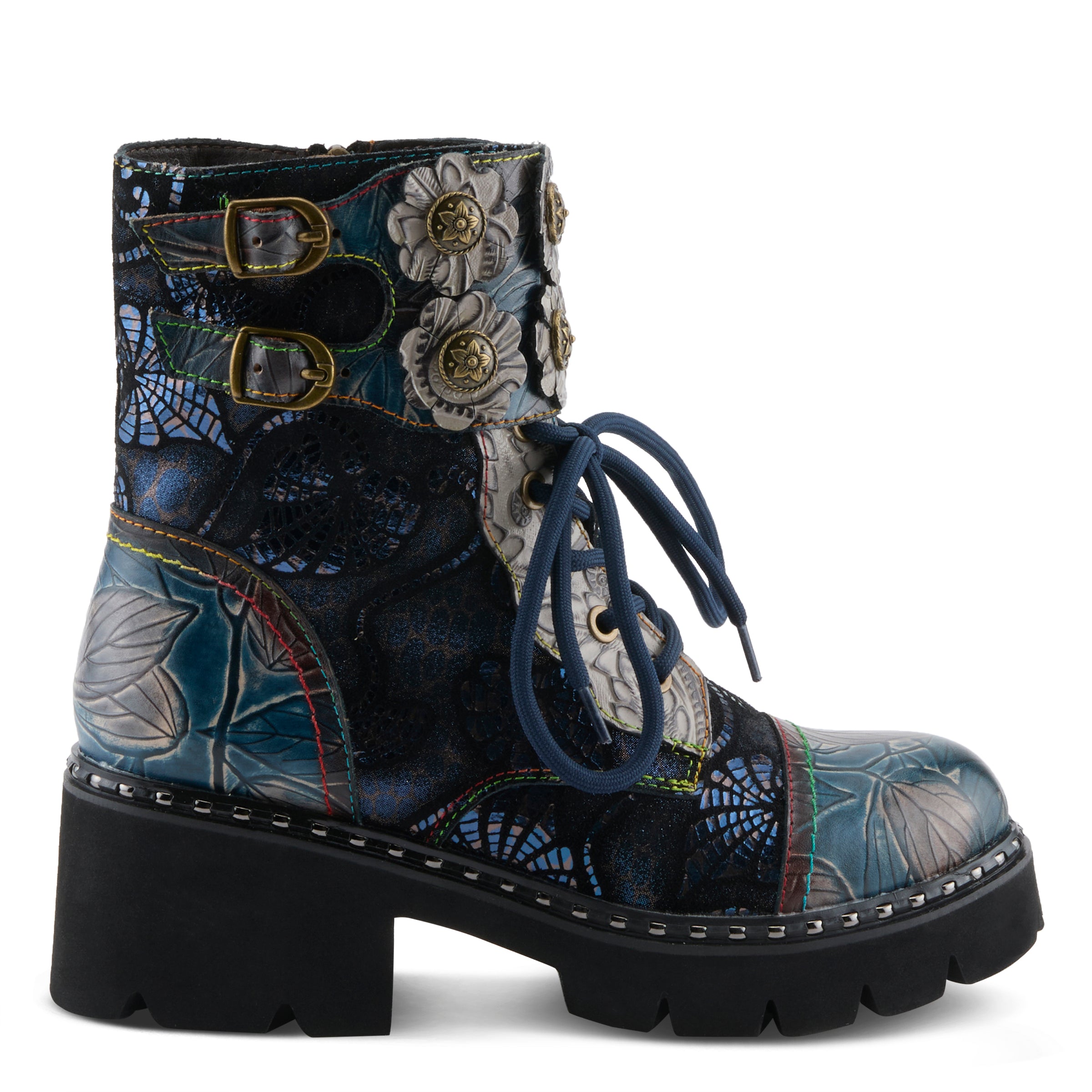 L'Artiste L'ARTISTE LIMITLESS MID CALF BOOTS boot in blue multi with handcrafted leather design