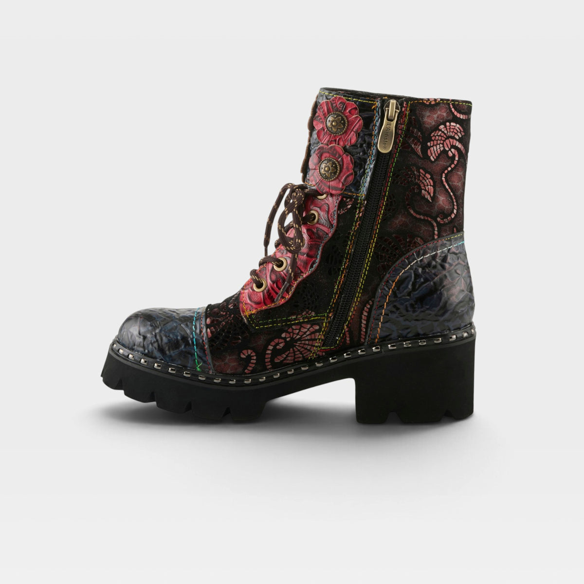 L'Artiste Limitless mid calf boots in Red Multi, side view