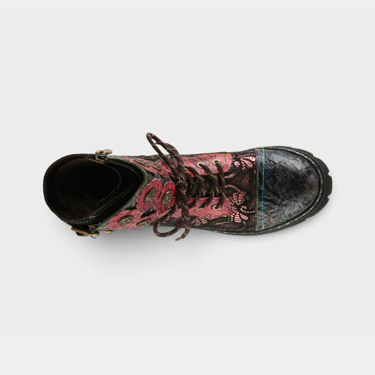 L'Artiste Limitless mid calf boots in Red Multi, top view