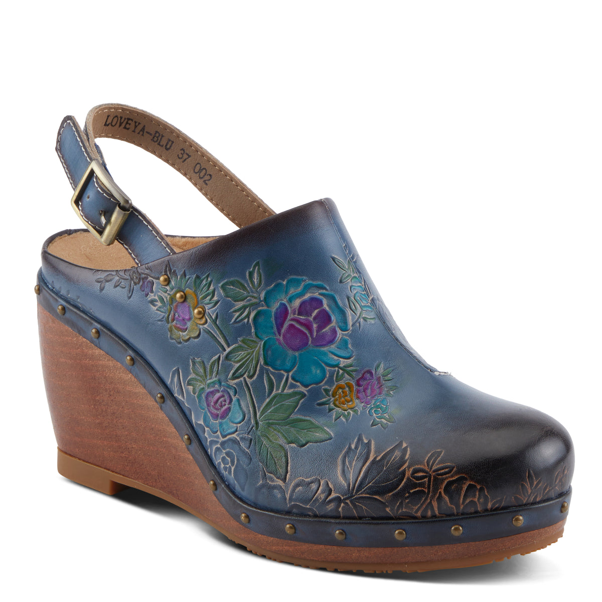 L'Artiste L'ARTISTE LOVEYA CLOGS shoe in blue with handcrafted leather design
